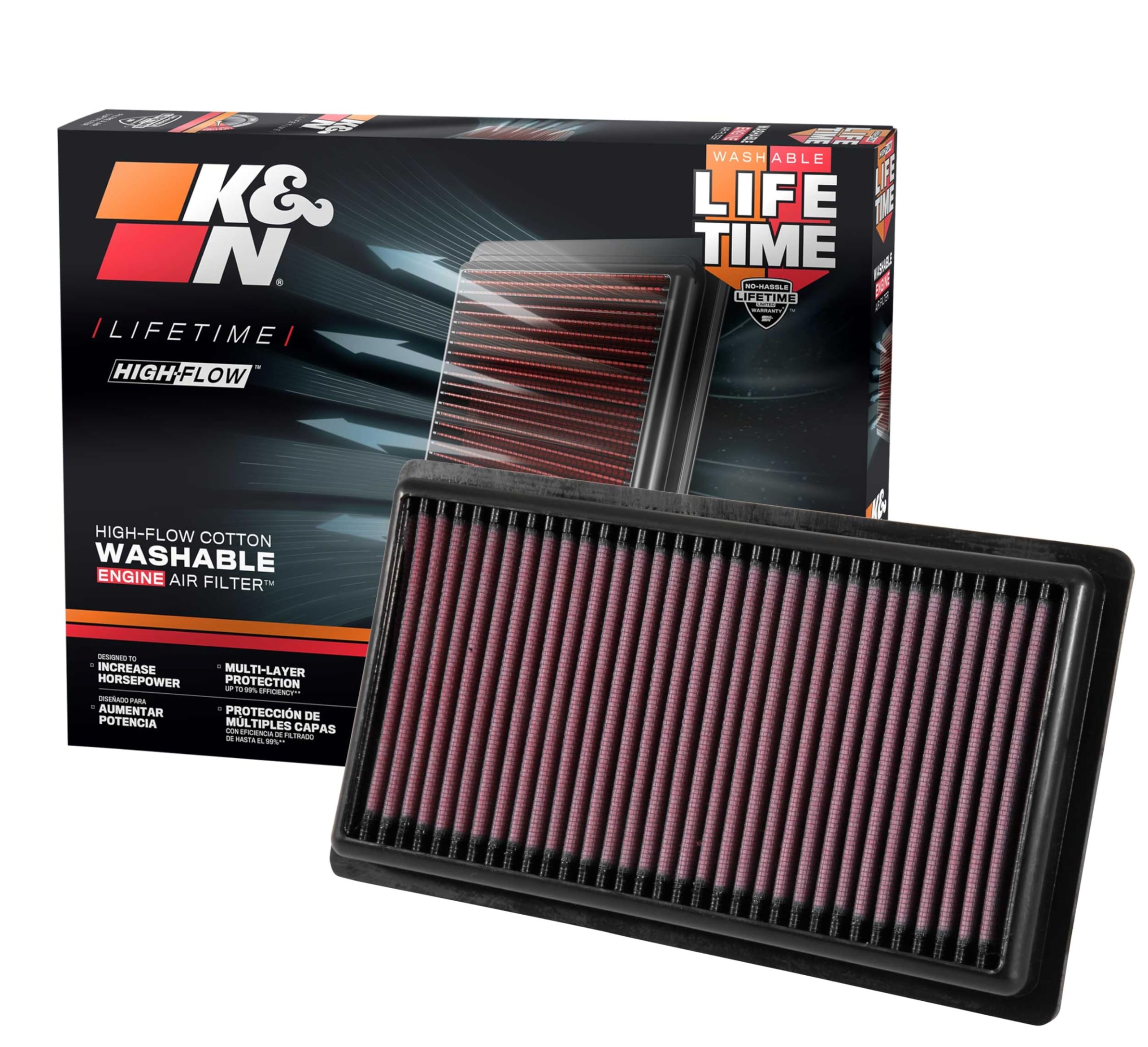 High-Flow K&N Original Lifetime Engine Air Filter: Increase Power: Premium, Washable: Compatible with 2016-2025 Fiat/Toyota/Lexus: (See Product Description for Select Models) 33-3080