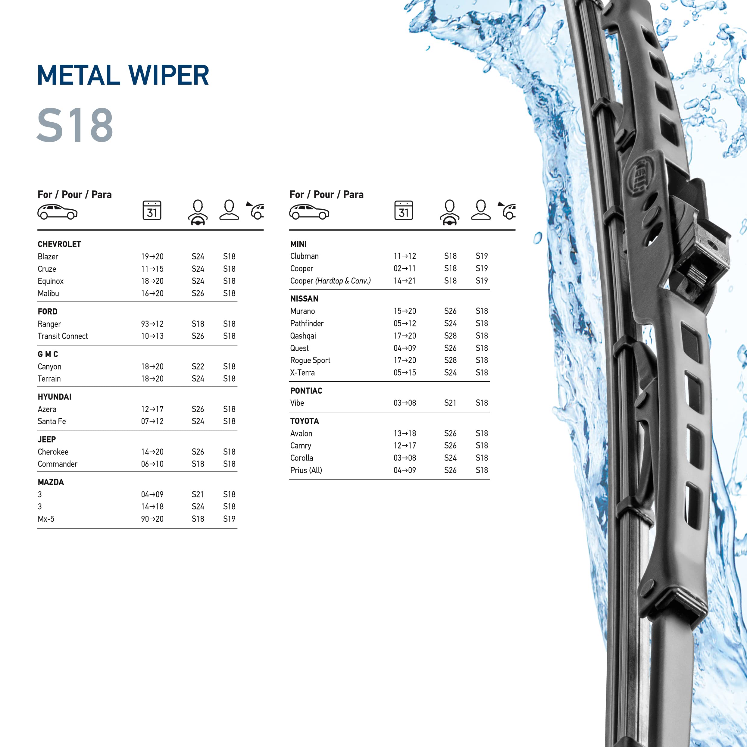 Hella 18 Inch OE Quality All Seasons Streak-Free Rubber Standard Wiper Blade (Single Blade) fits select Chevrolet Ford GMC Hyundai Jeep Mazda Mini Nissan Pontiac Toyota / 9XW398114018/I