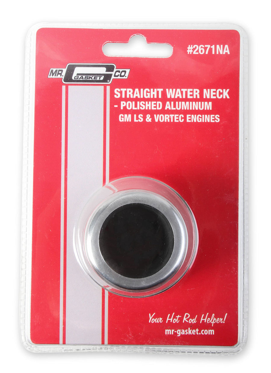 Water Neck Mr. Gasket 2671NA Straight Style Polished Aluminum Finish Incl. Stainless Steel Mounting Bolts