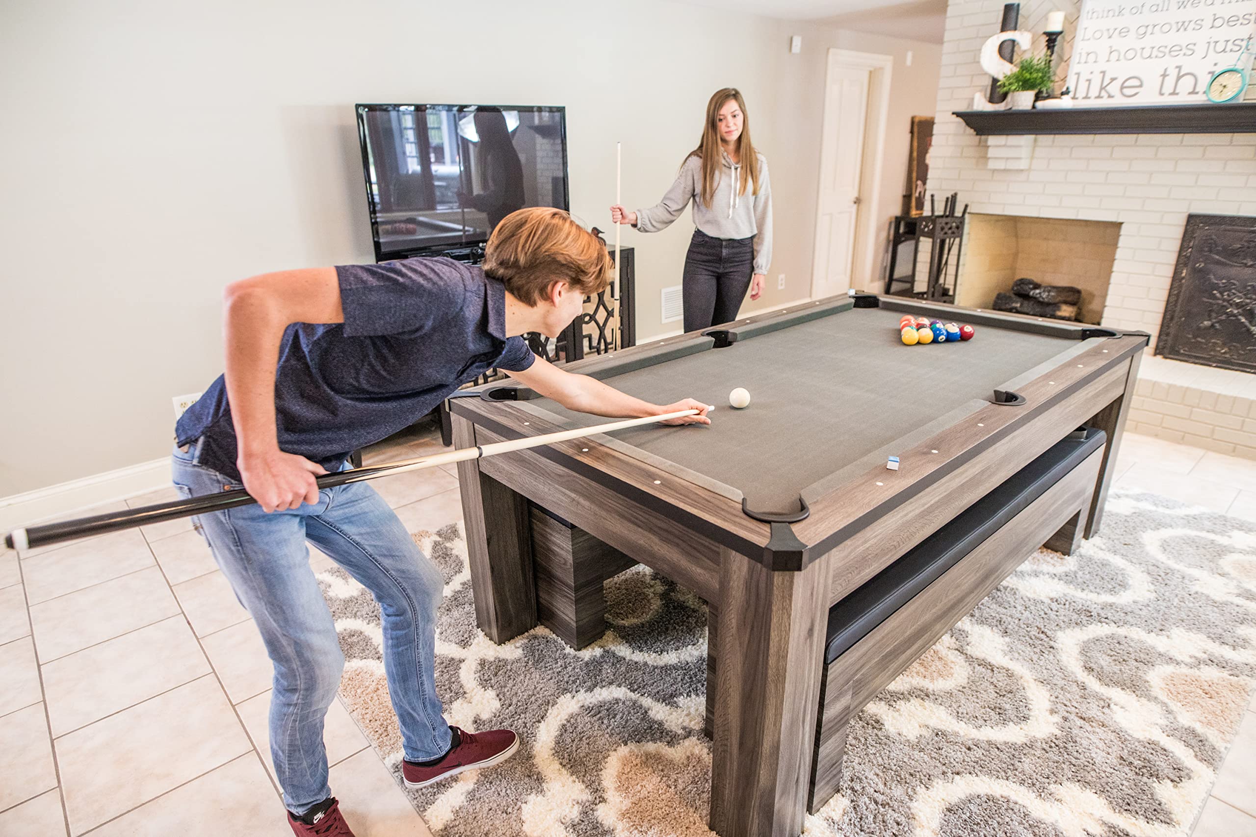 Hampton Atomic 3-in-1 Combo Table - Billiards, Ping Pong, and Dining Table All-In-One - Instant Transformation - Premium Black Felt - XL Bench Storage for All Accessories - Modern Design