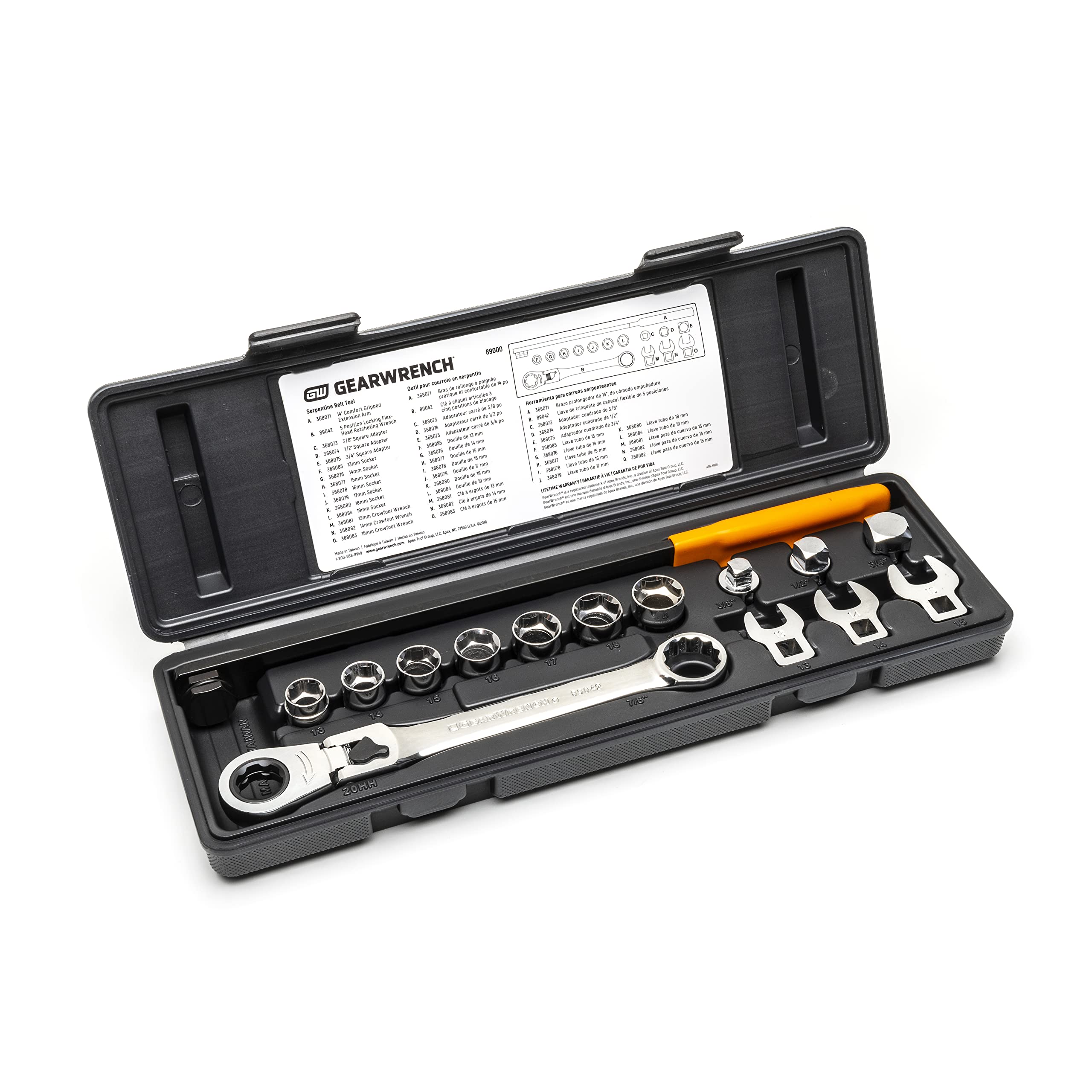 15 Pc. GEARWRENCH Serpentine Belt Tool Set with Locking Flex Head Ratcheting Wrench - 89000