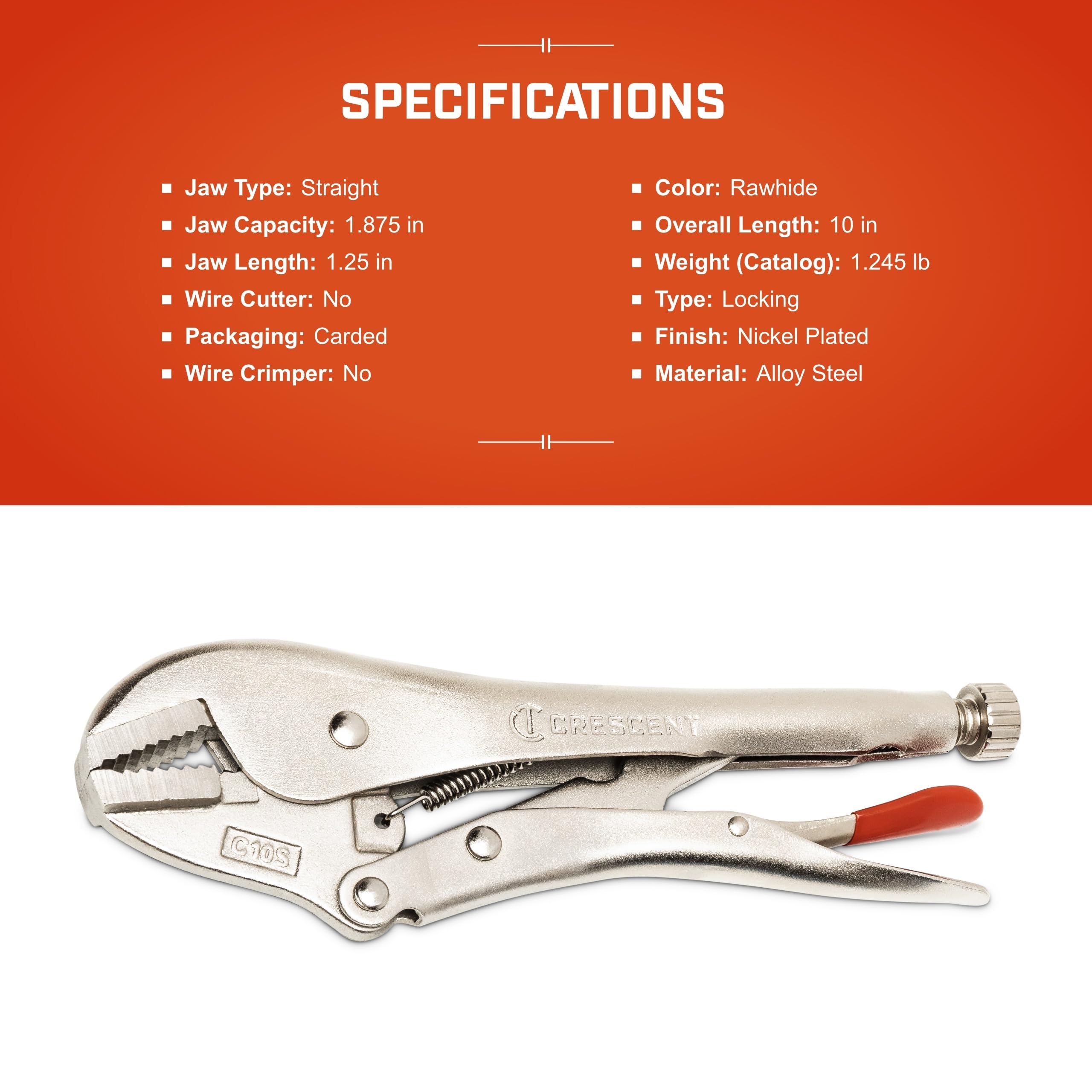 Crescent Locking Pliers Straight Jaw - Premium Pliers with Compound Action & Angled Tooth Pattern - Professional Hand Tool - 10" - C10SVN-08