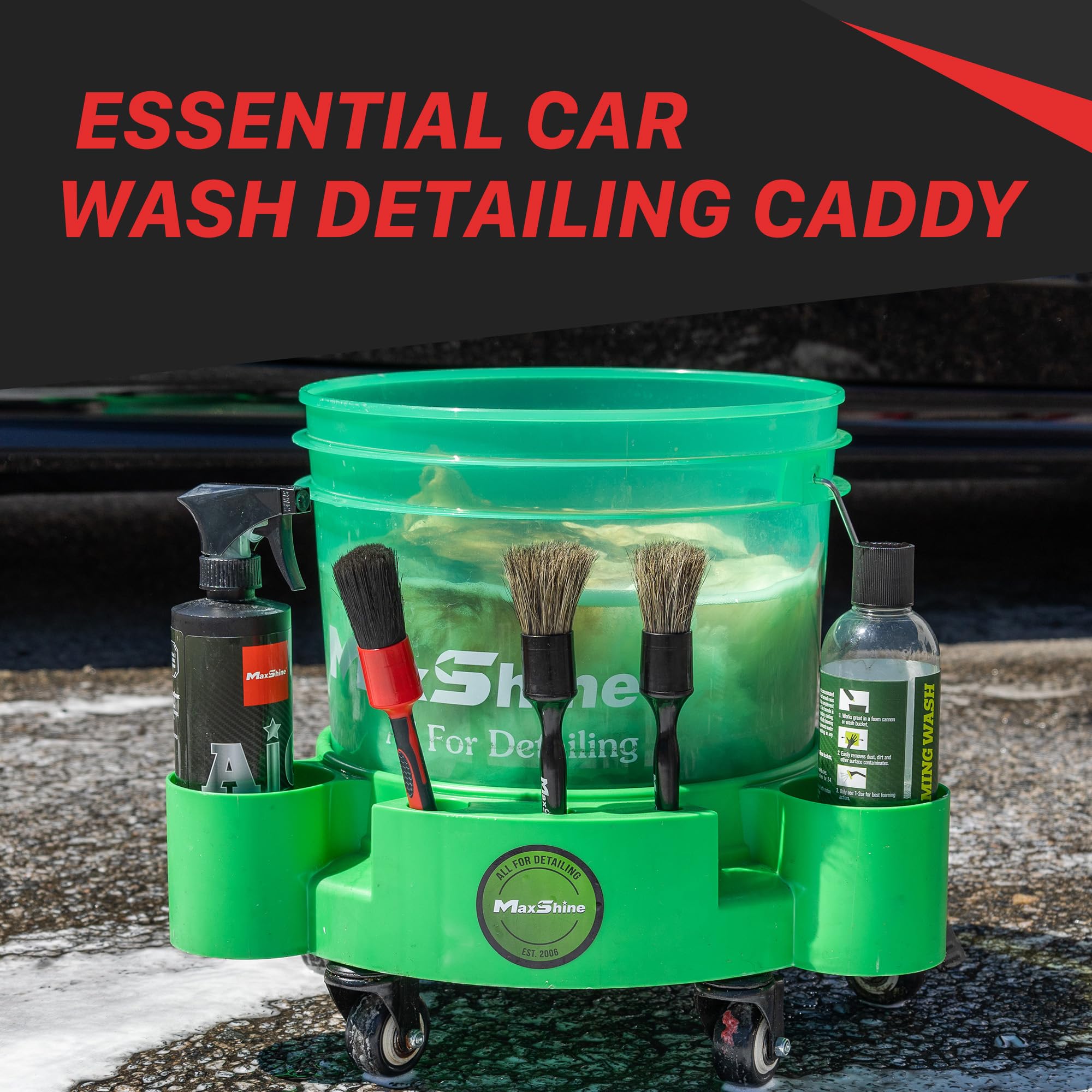 Maxshine Rolling Utility Cart Bucket Dolly, 5-Gallon, Green, Polypropylene, 5 Wheels, Tool Organizer | 360° Mobility, Stable Cleaning Supply Storage for Detailing and Workshop Use