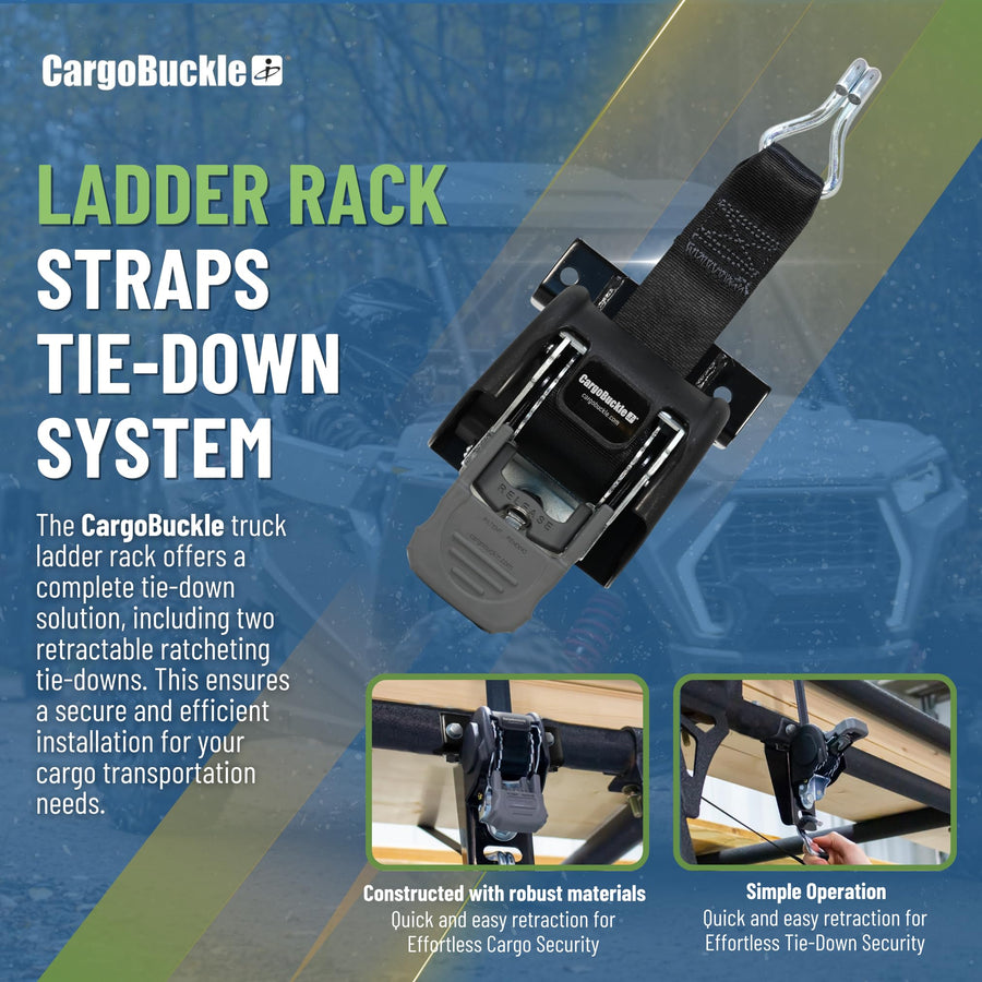 Ladder Rack CargoBuckle F18816 Tie-Down System, Square Mount Self Retracting Ratchet Straps for Trucks, 2-inch x 7-Feet (Pack of 2)