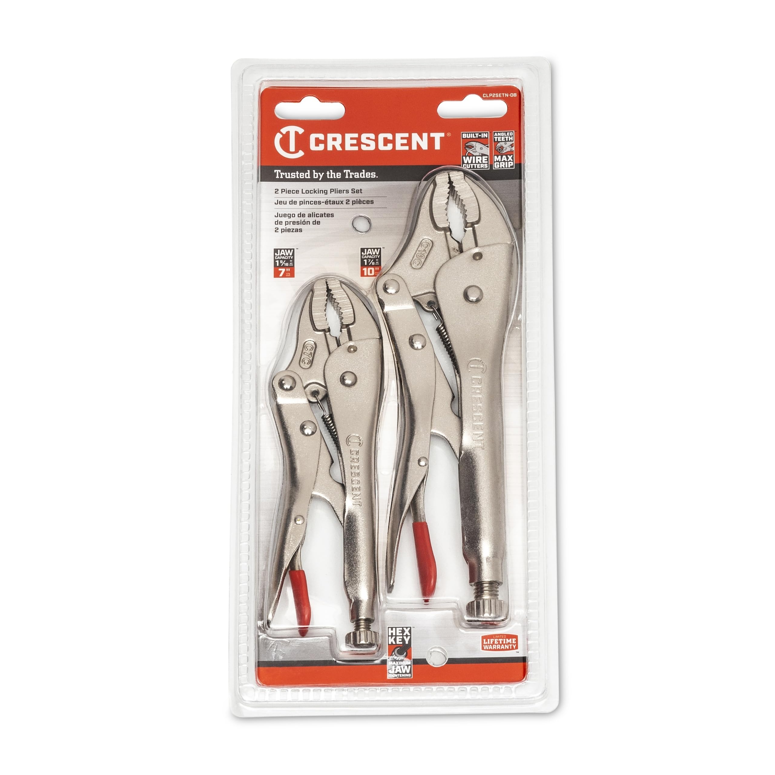 Curved Jaw Crescent Locking Pliers with Wire Cutter - 2 Piece Set - Home DIY & Professional Mechanic Hand Tool for Nuts & Bolts, Cables, Wires - 7" & 10" - CLP2SETN