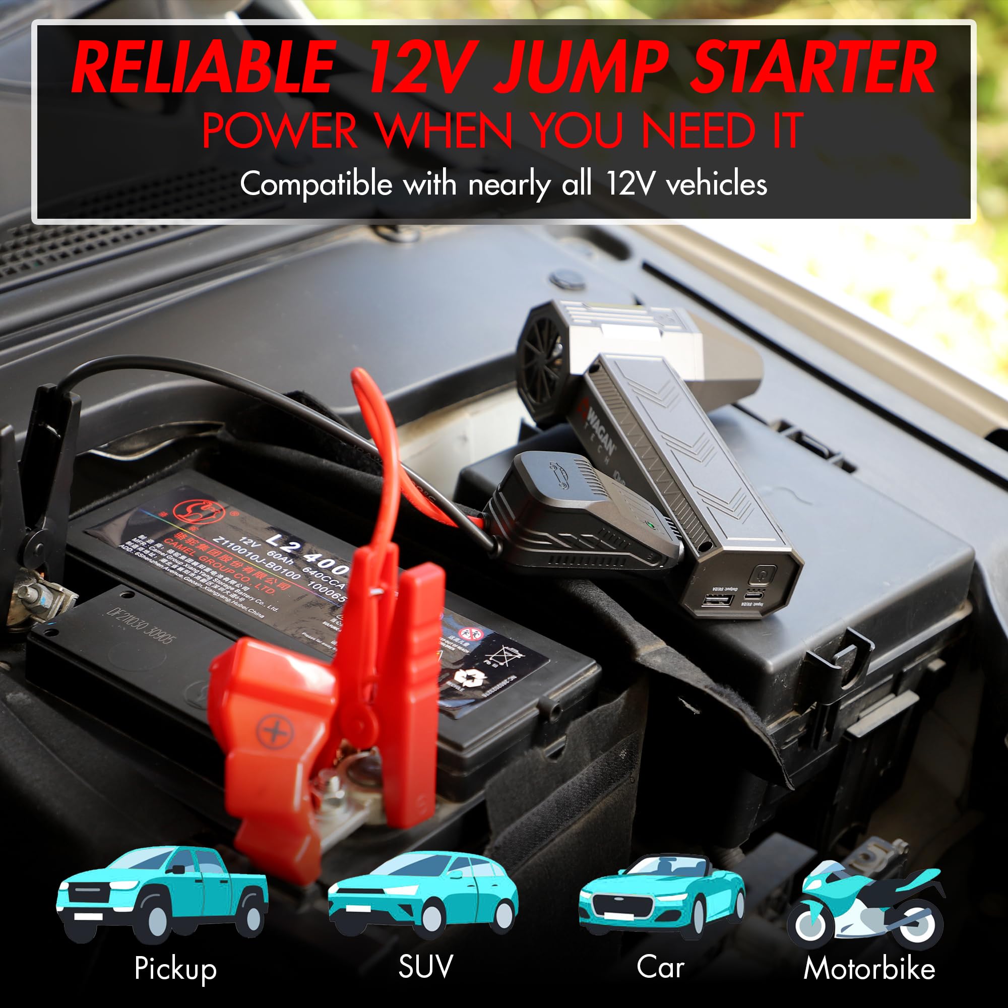 Wagan iOnBoost V8 Jet 1200A Peak Jump Starter with 12V Turbo Air Blower Portable Lithium Car Battery Up to 4.0L V8 or 2.0L Diesel 95,000RPM Cordless Jet Blower Power Bank, for Car Home Use