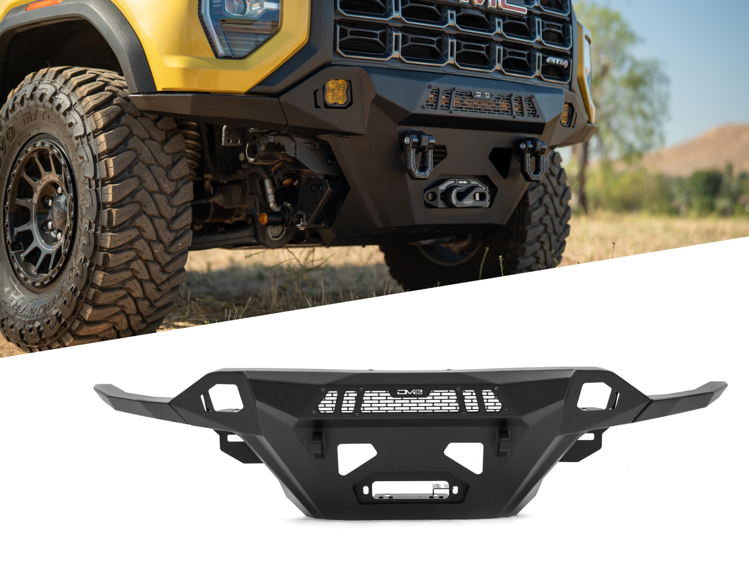 Offroad DV8 Spec Series Front Bumper for 2023-2025 GMC Canyon | Heavy-Duty Winch Mount | (1) 20" Light Bar Mount | Pair of 3" Pod Light Mounts | (2) 1" Thick D-Ring Mounts | Front Skid Plate | Steel
