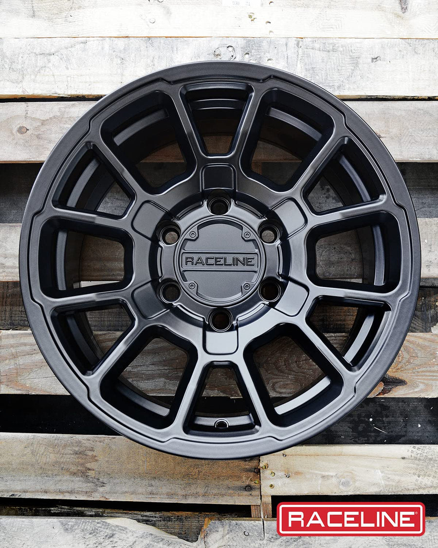 950B Raceline Wheels GAUGE Wheel Satin Black 16X8"6X139.7 Bolt Pattern 0mm Offset/(4.5"B/S) Split Spoke Aluminum Passenger Car Wheels, Full Size Replacement Black Car Rims