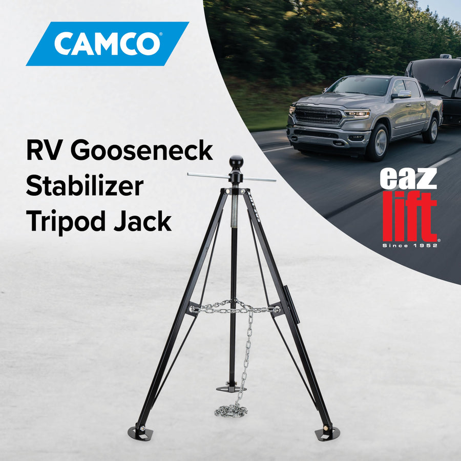 Camco Eaz-Lift Gooseneck Stabilizer Tripod Jack Camper & RV - Reduces Movement on 5th Wheel Trailers - Features Adjustable Height from 30” to 44” - 7,500lb Max Load Capacity (48850)