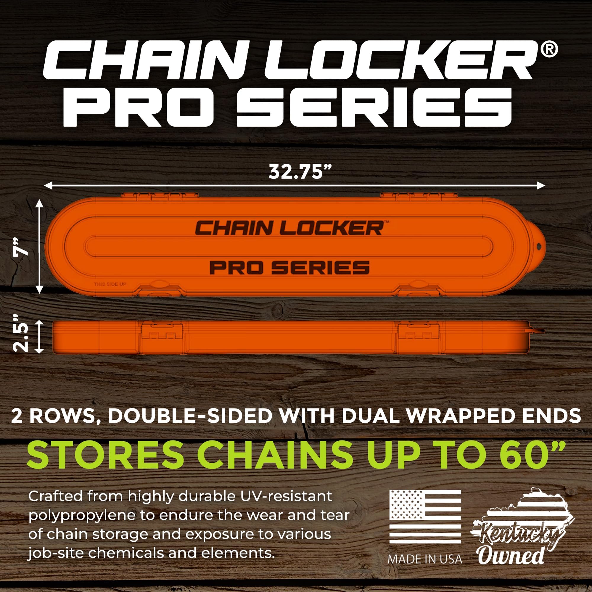 Universal Portable Chain Locker Pro Series - Saw Storage Case for Long Blades - Double Row, Double-Sided for Sharp & Dull Chains, 2” Tall, Made in USA - High-Vis Orange - Holiday Gift for Family