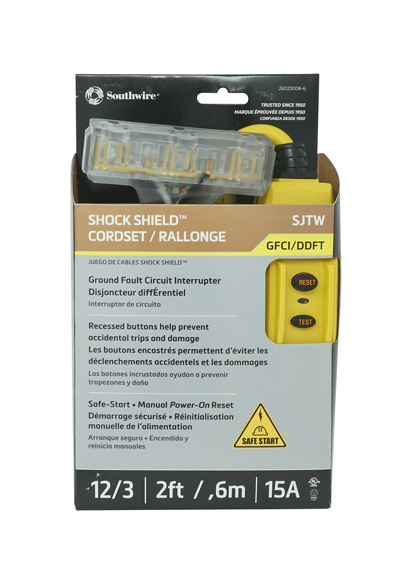 Shockshield TRC 26020008-6 12/3 Gauge GFCI Protected In-line Tri-Cord Set with 3-Outlets; 2-Feet; 15-Amp; Yellow