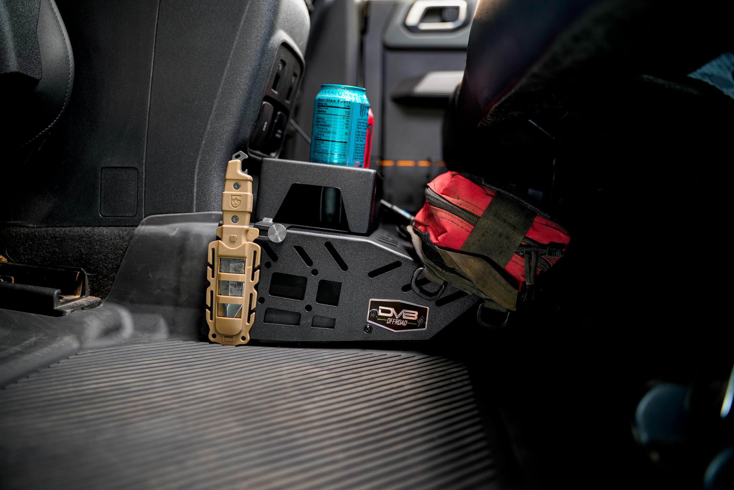 Rear Seat Cup Holder and Molle Panels DV8 Offroad for 2021-2025 Ford Bronco | Fits Various Sized Bottles, Cans, and Cups | Molle Accessory Compatible | Mount Quick Access Gear | Powder Coated Finish
