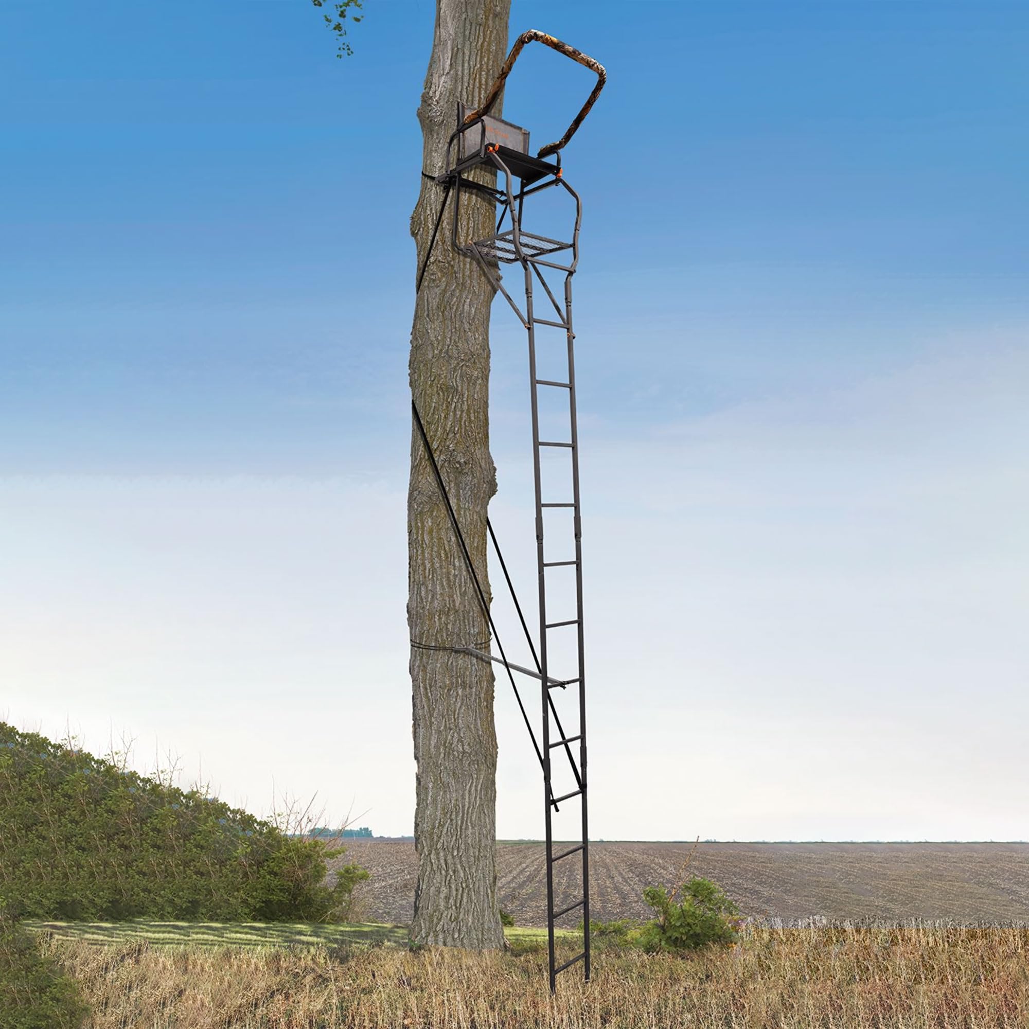 Striker XL BIG GAME Ladder Treestand 17.5 Foot Tall with Flip Back Seat, Padded Armrests, Deep Foot Platform, Ideal for Hunting and Shooting, Black