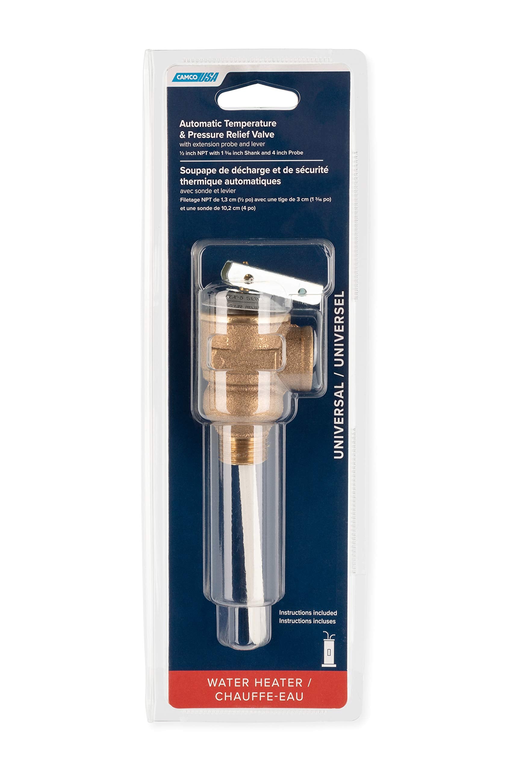 1/2" Camco Temperature and Pressure Relief Valve with 4" Epoxy-Coated Probe, Brown