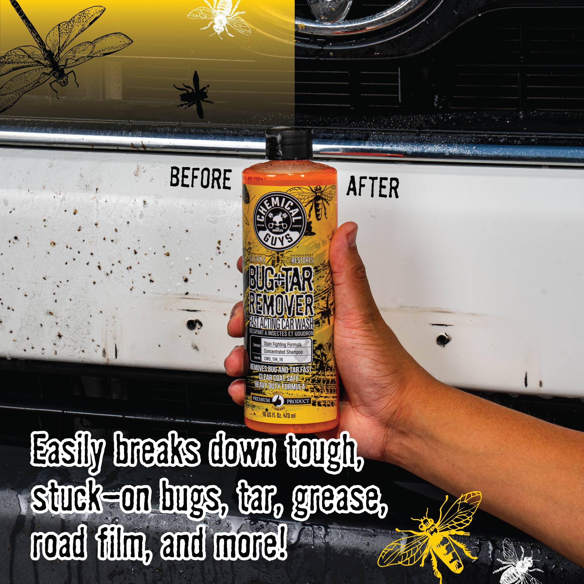 Chemical Guys Fast Acting Bug and Tar Remover Car Wash - Heavy Duty Cleaner for Bugs, Tar, Grime, Tree Sap & Bird Droppings - Safe for Car Paint, Glass, Chrome, Plastic, All Exterior Surfaces - 16 oz