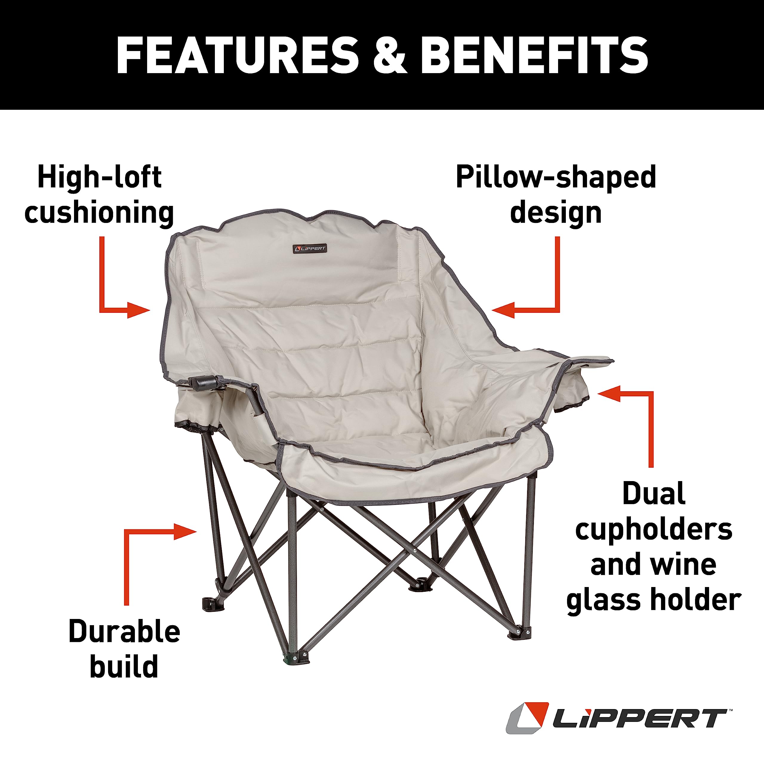 Lippert Big Bear Camping Chair Club - Sand, Comfortable Foldable Chair, Oversized Pillow Cushions, Dual Cupholders, Powder Coated Steel, 600D Polyester Fabric, 400 lb. Capacity, 2022114813