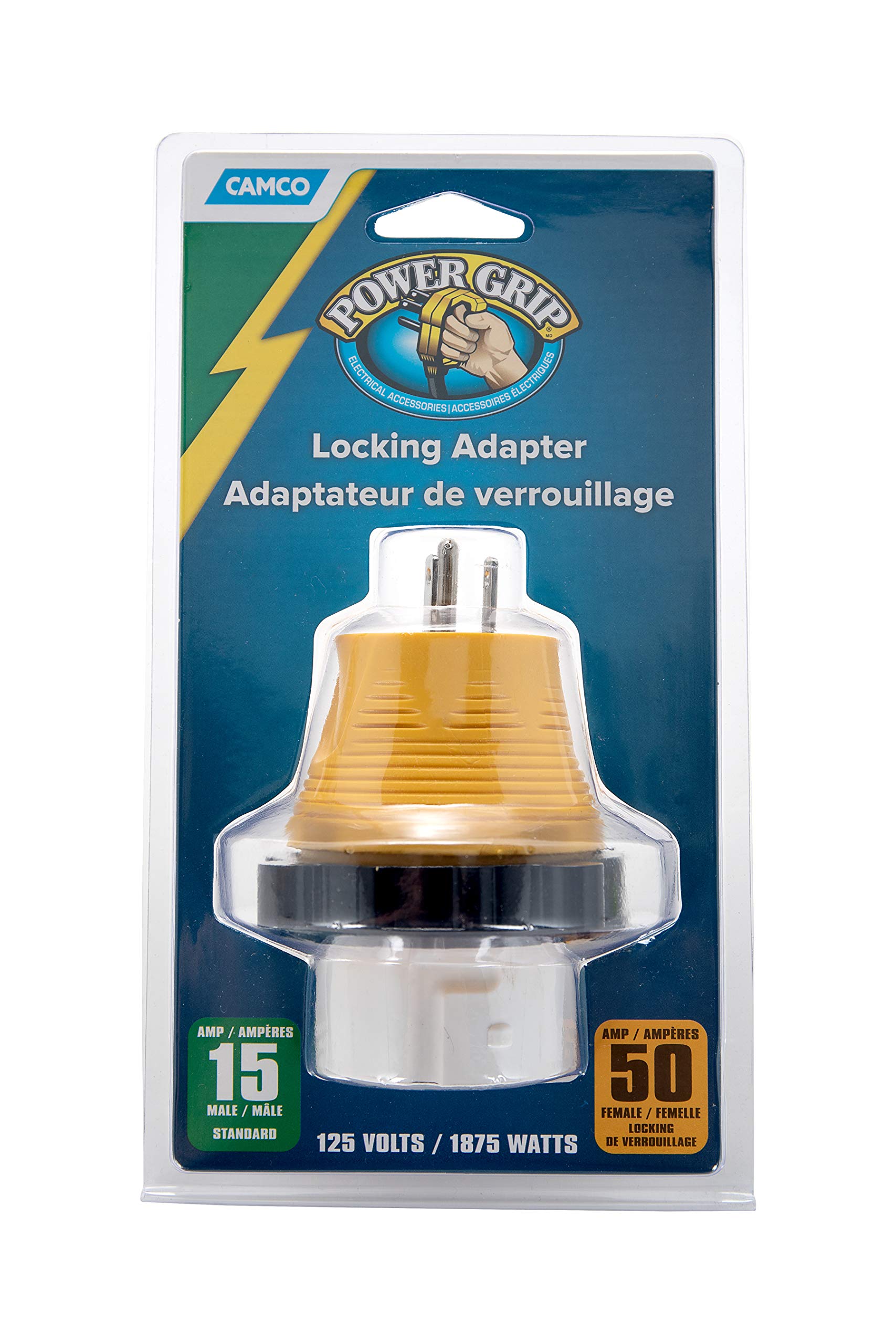 Camco 15A-50A Power Grip RV/Camper Locking Adapter | Compatible with 50-Amp Locking Plugs | Weatherproof Connection | Easy Outlet Removal | 125 Volt / 1875 Watt (55641)