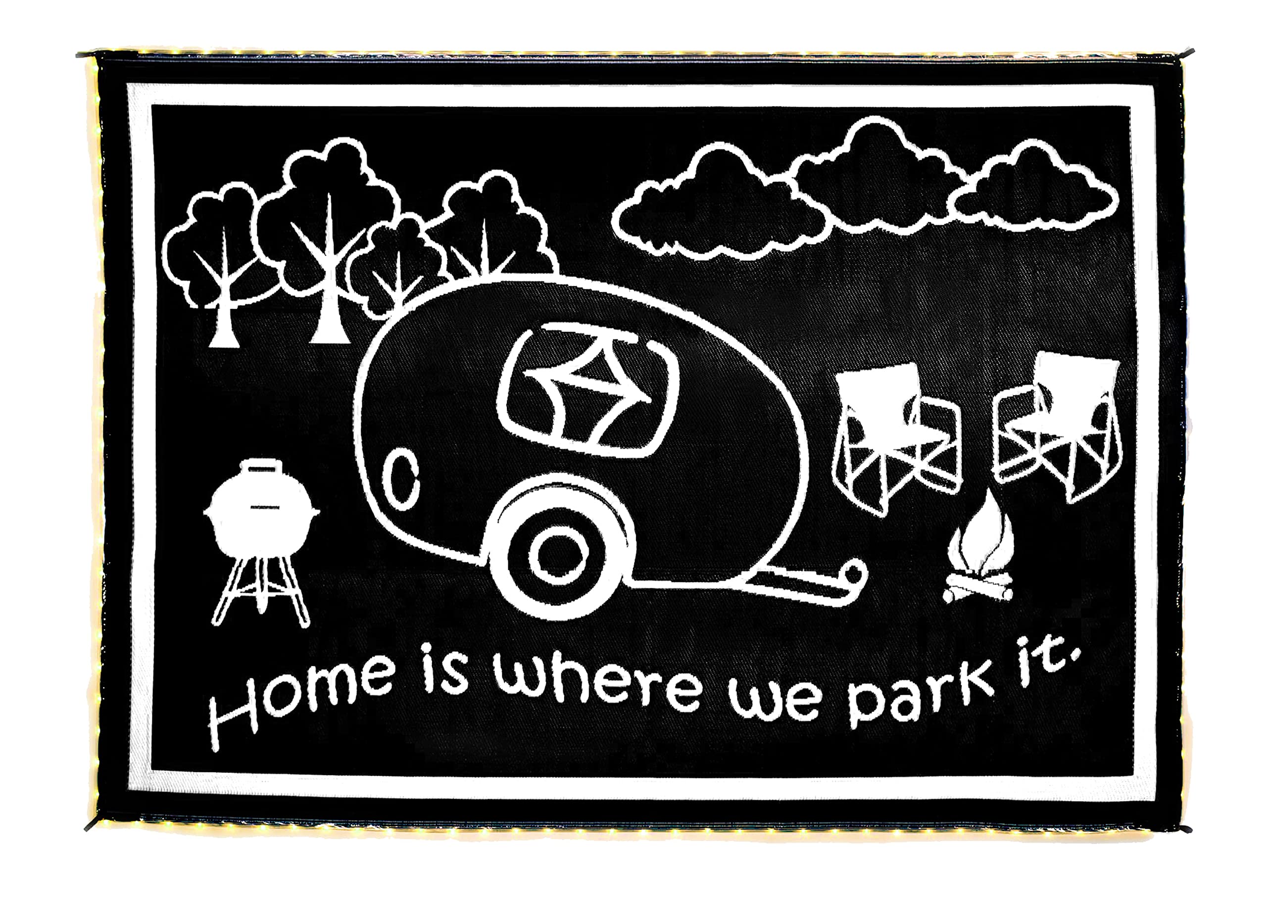 Stylish Camping LED Illuminated Border RV Home Mat, 8-Feet x 18-Feet, Black/White