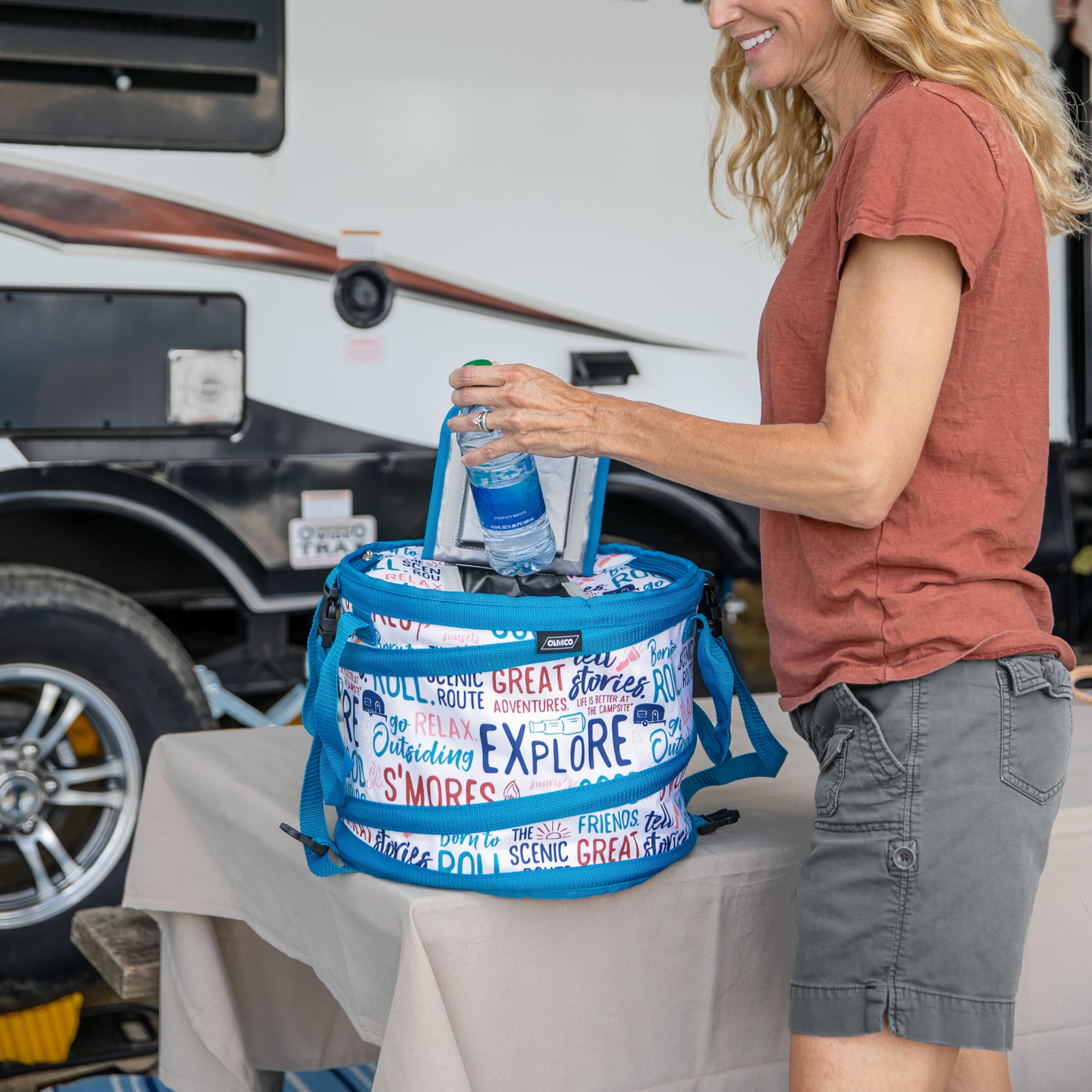 Camco Pop-Up Soft Cooler is Better at The Campsite Life - Features a Water-Resistant Interior, Built-in Bottle Opener, and Camping Graffiti Design - Holds Up to a 12-Pack of Bottles or Cans (53416)