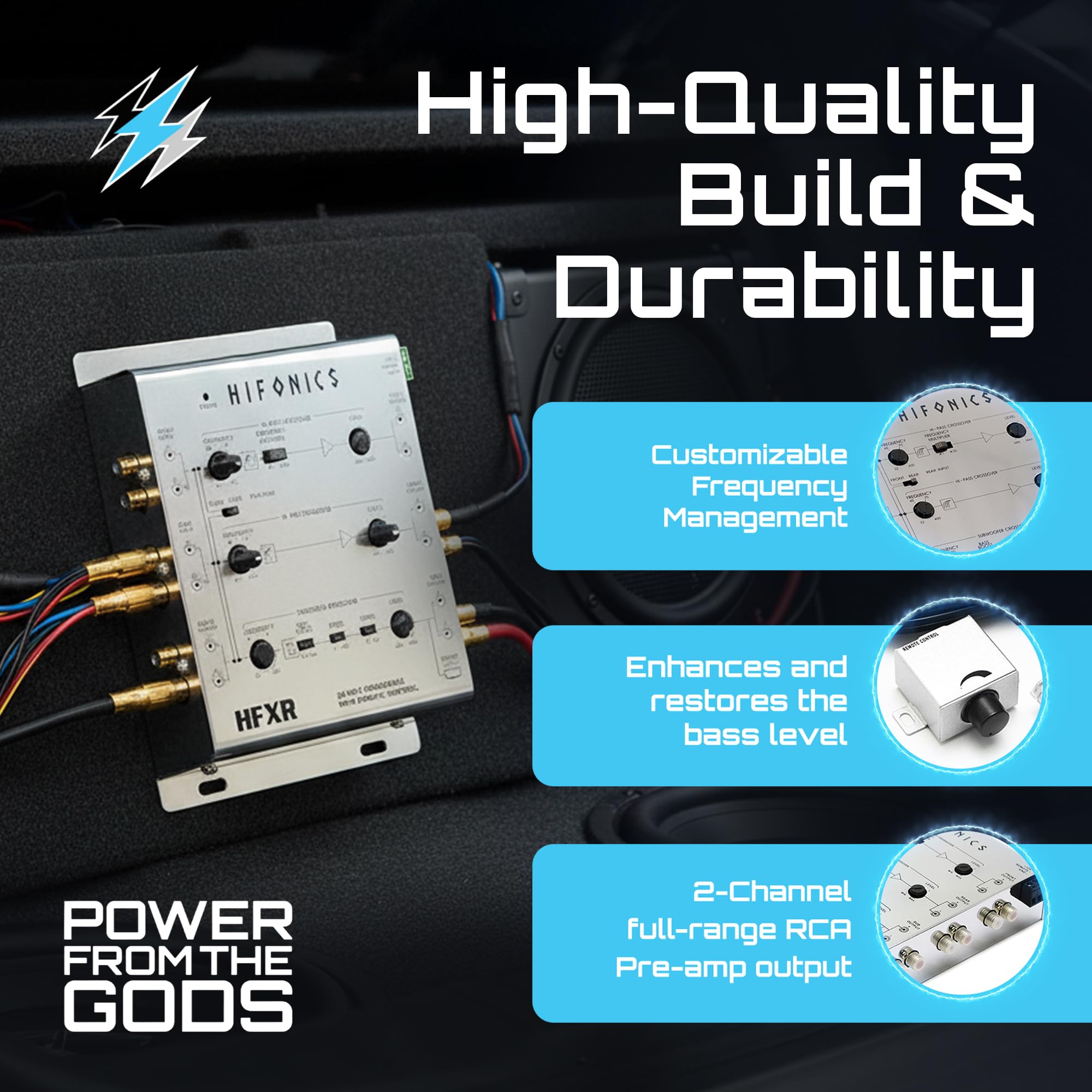 Hifonics 2/4 Ch HFXR 2/3 Way Active Crossover, 8.5V Line Driver with Remote Bass Level Control, Adjustable Filters, and Front/Rear/Sub Outputs