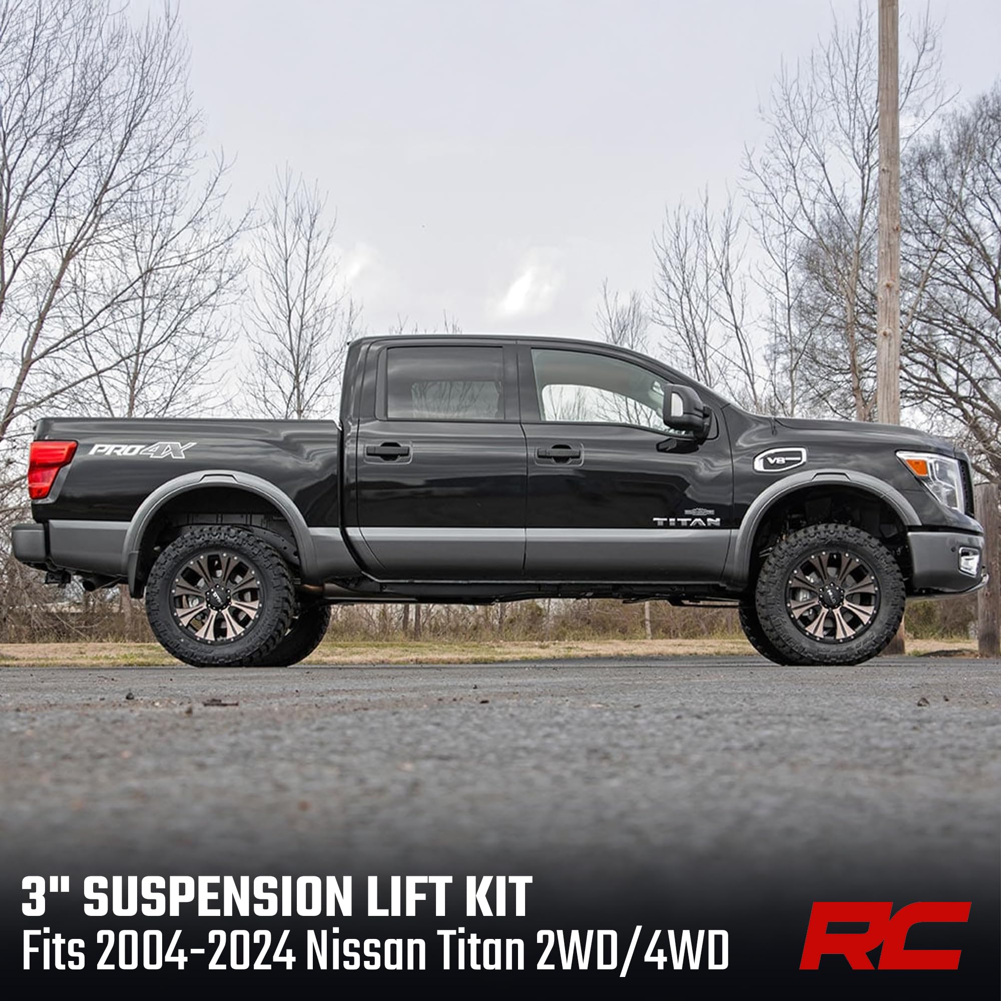 3" Rough Country Suspension Lift Kit for Nissan Titan 2WD/4WD (2004-2024) - Wheel Spacers & N3 Rear Shocks, Red Control Arms