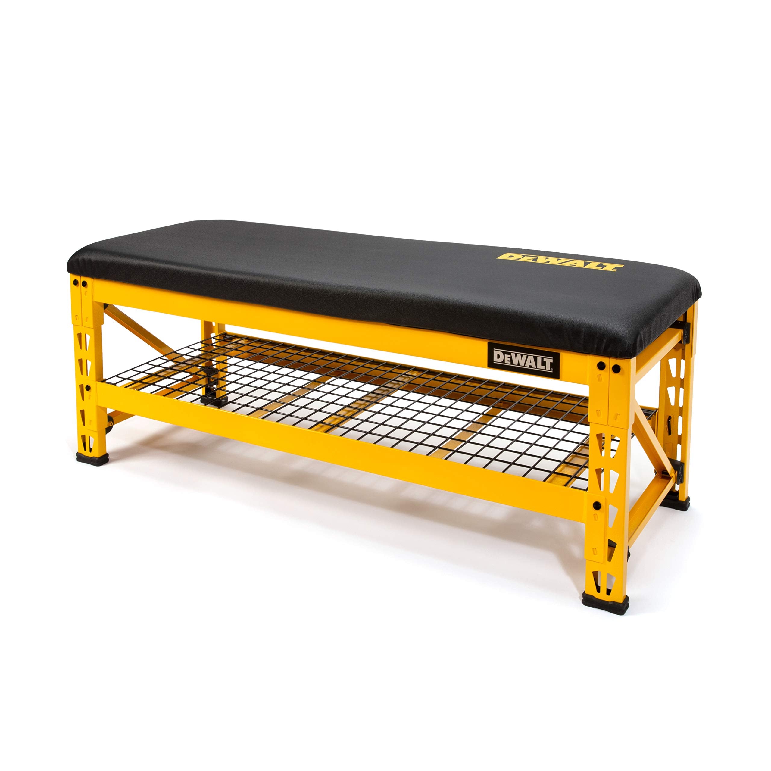 DEWALT Bench Garage with Wire Grid Storage Shelf, Rip-Resistant Foam-Padded Vinyl Seat, 1000-lb Capacity Bench Top, 1500-lb Capacity Shelf, Steel Frame