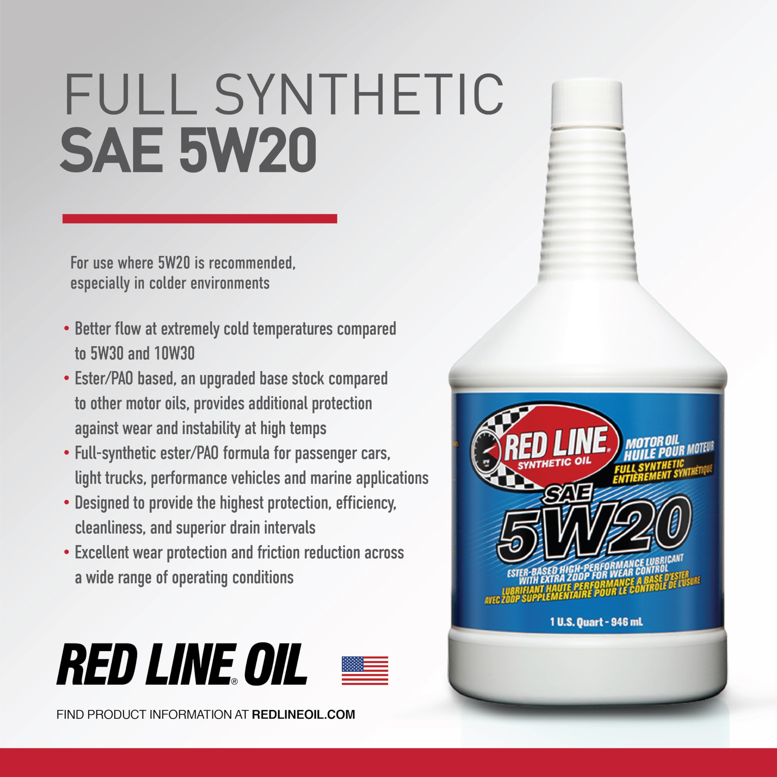 5W20 Red Line SAE Fully Synthetic Motor Oil - 1 Quart