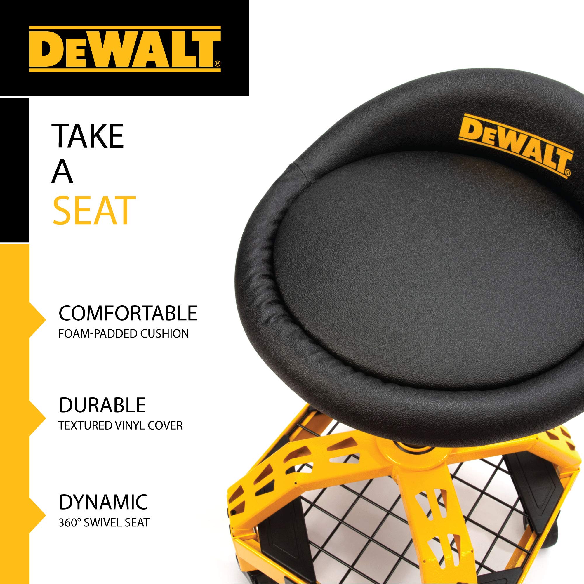 Heavy Duty DEWALT Adjustable Rolling Shop Stool, 360-degree Swivel Industrial Garage Stool with Padded Seat, Storage Shelf, Removable Wheels