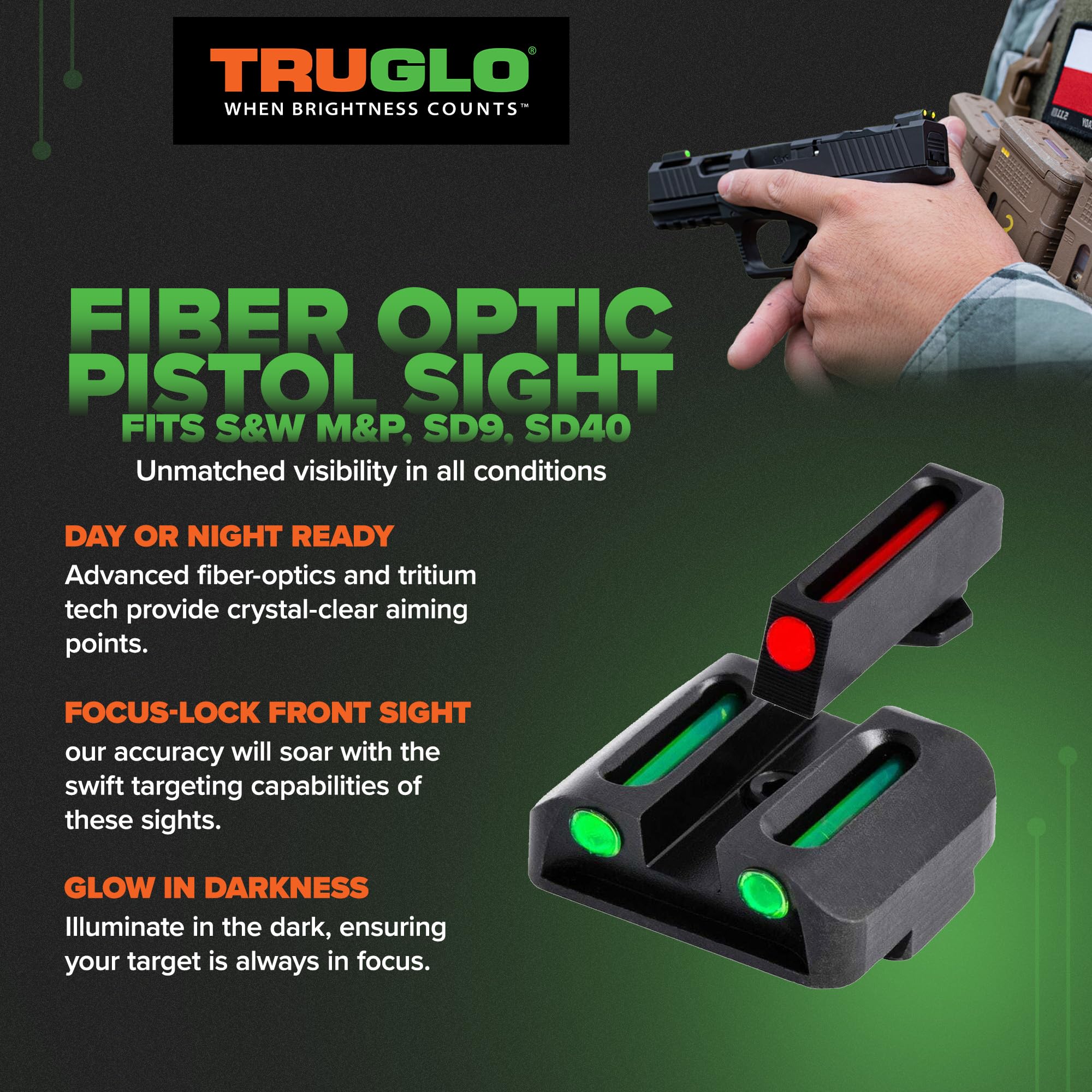 TruGlo Handgun Fiber Optic Pistol Laser Sight Accessories Fits Most Smith and Wesson M&P, SD9 and SD40 Models, with TRIDOT Aiming System