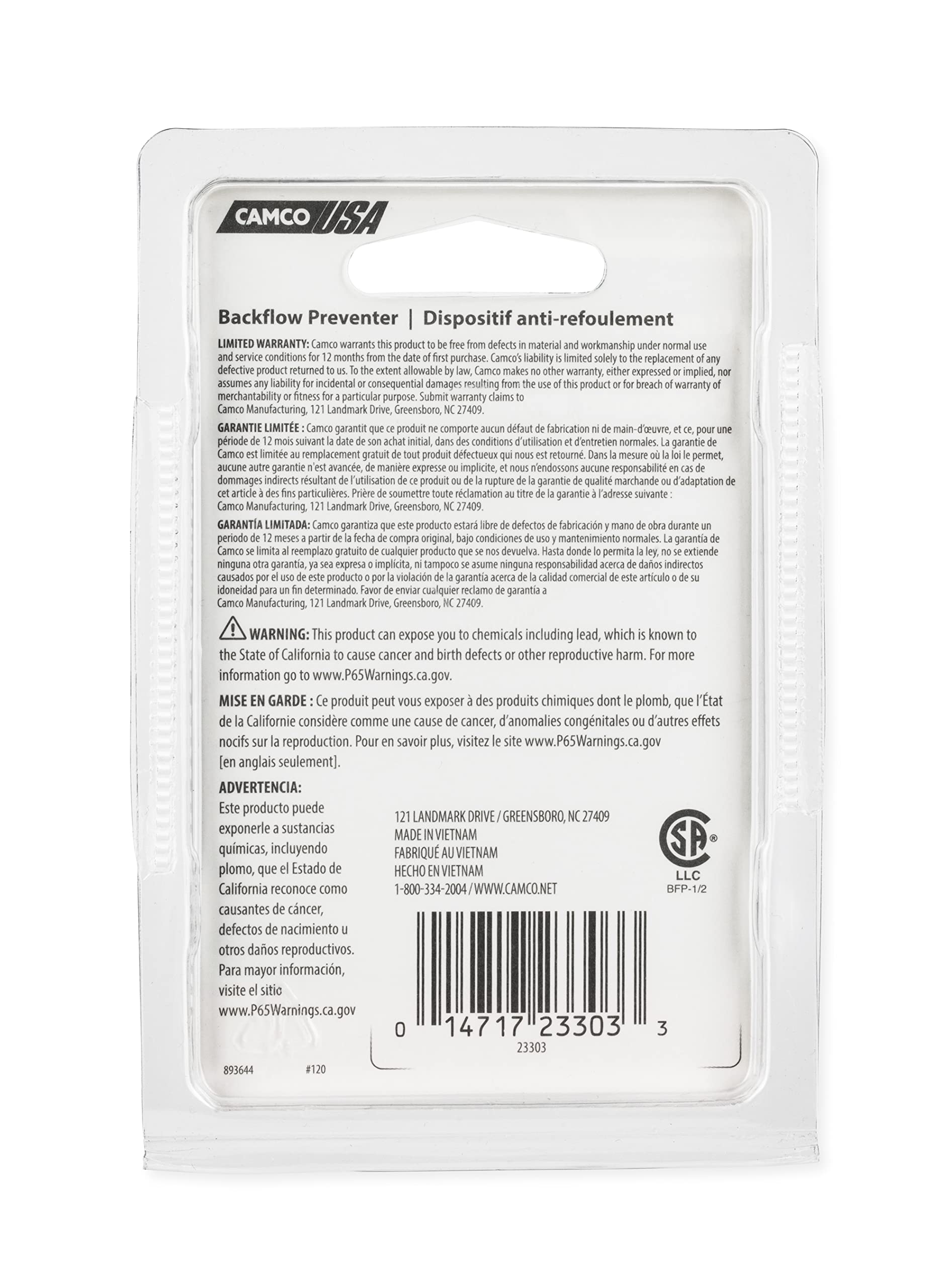 Camco Backflow Preventer RV Water Heater | Features a Heavy-Duty Brass with a Stainless Spring Construction and a 1/2-Inch Male x Female NPT (23303)