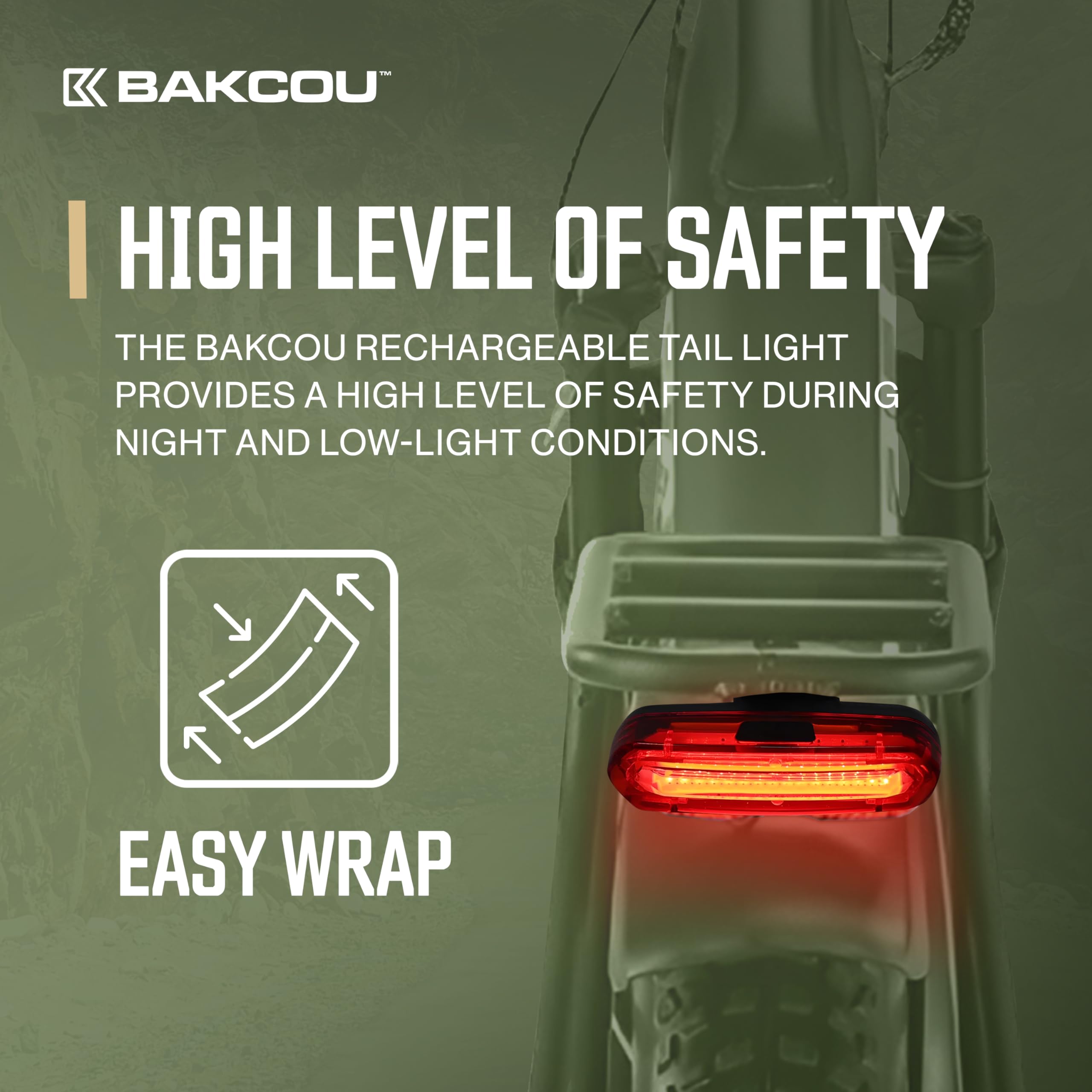 Rechargeable Bakcou Tail Light - 120 Lumens, 15-Hour Battery, Weatherproof, Stretchy Silicone Band, 4 Light Modes, Ultra-Bright LEDs