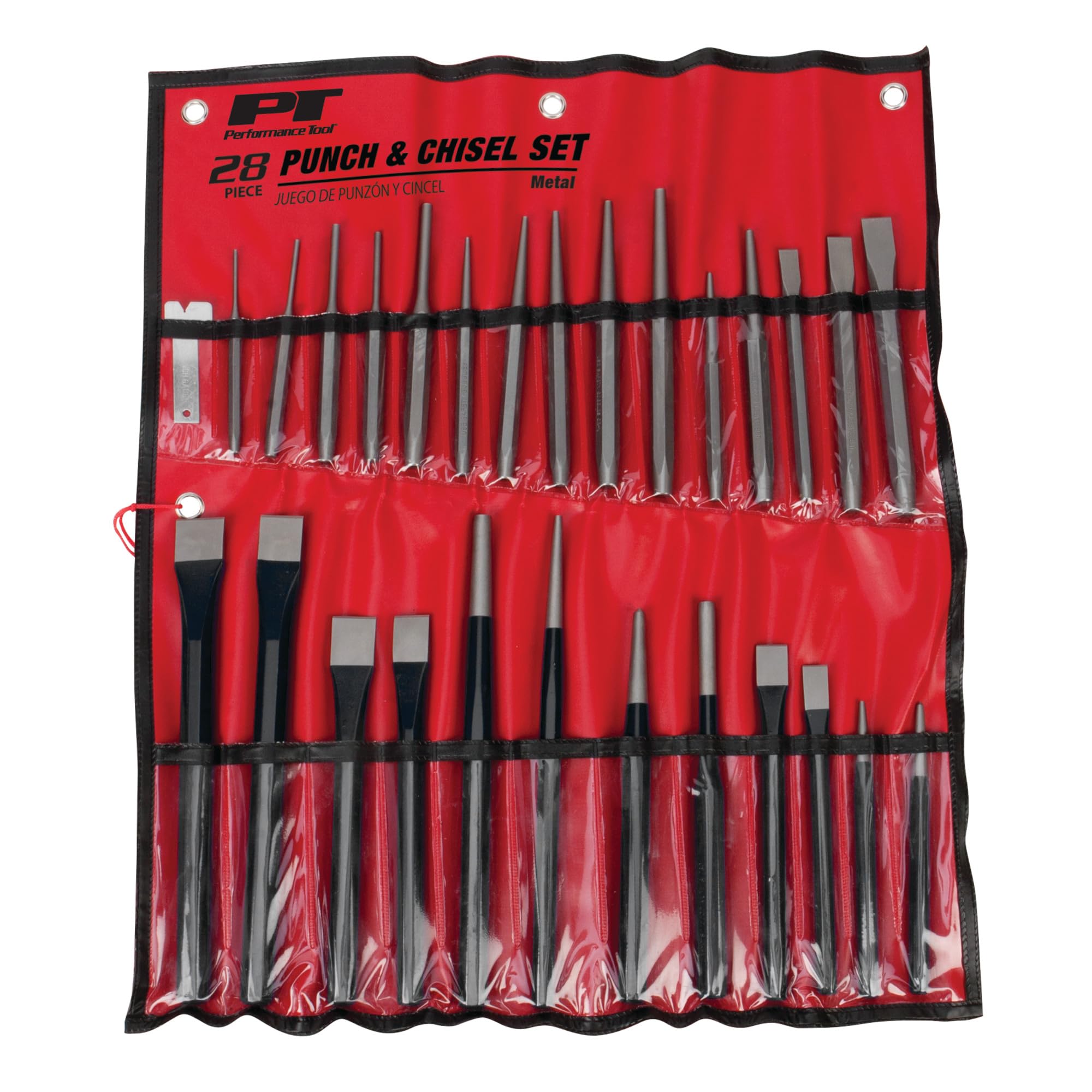 W754 Performance Tool 28-Piece Punch and Chisel Set - Strong Chrome Vanadium Steel, Heat Treated and Tempered Carbon Steel, with Roll-Up Storage Pouch
