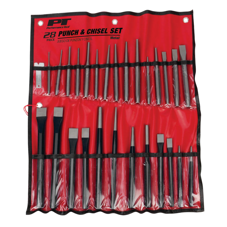 W754 Performance Tool 28-Piece Punch and Chisel Set - Strong Chrome Vanadium Steel, Heat Treated and Tempered Carbon Steel, with Roll-Up Storage Pouch