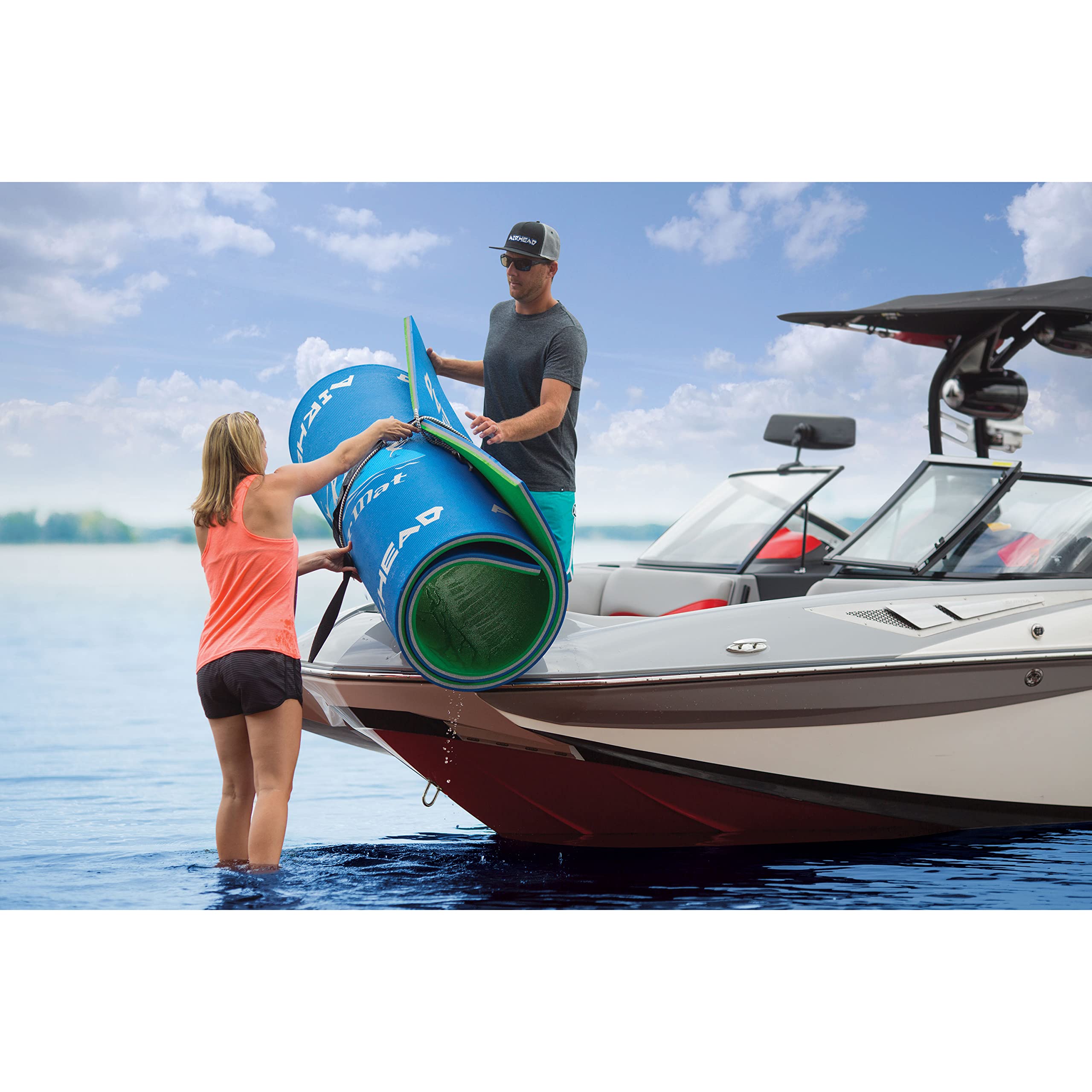 WATERMAT ROLL 'N GO Airhead 1 – Floating Water Mat – Ultimate Portable Oasis – Diamond Finish for Comfort and Durability, Green / Blue