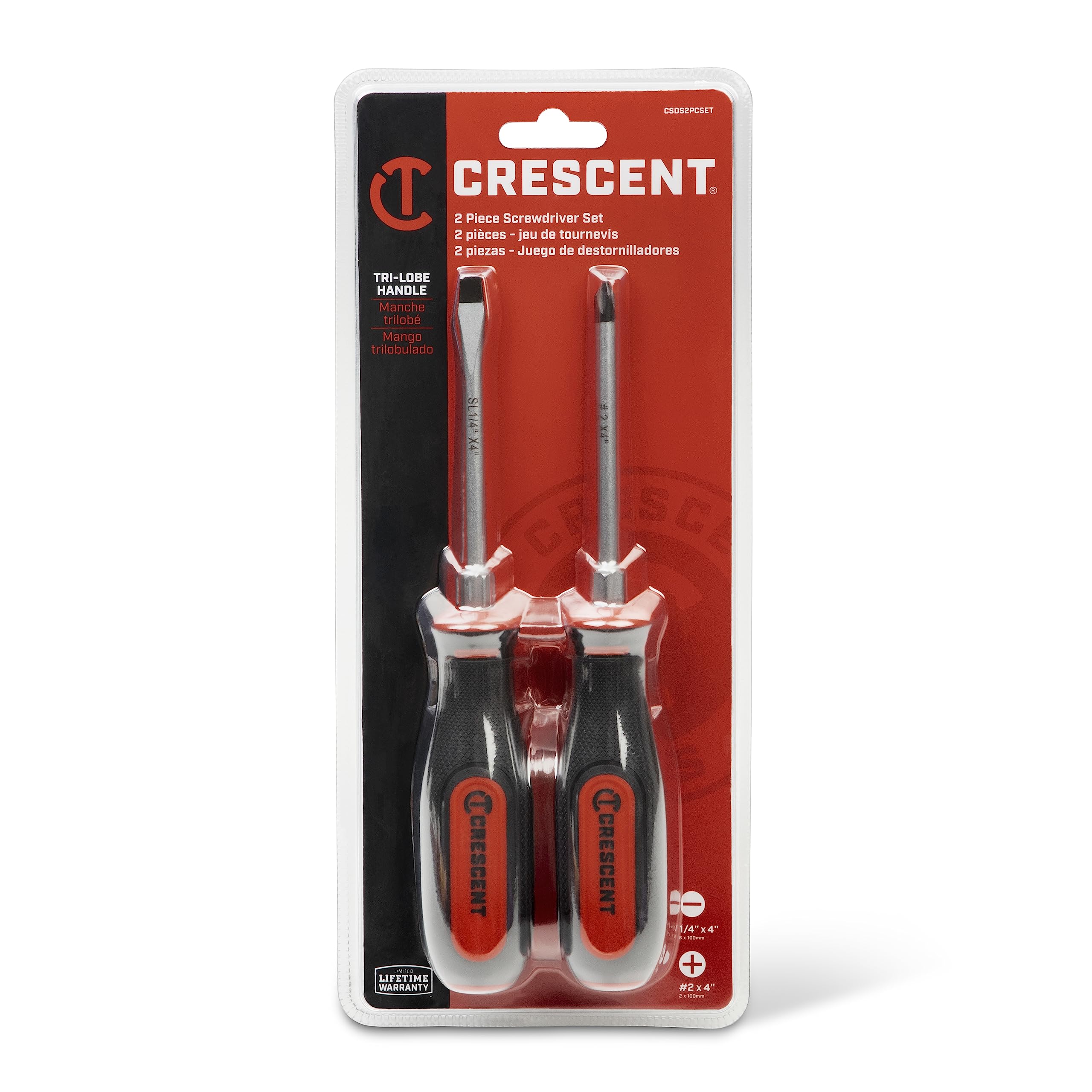 2PC Crescent Dual Material Screwdriver Set with Phillips #2x4" and Slotted 1/4"x4" - ‎CSDS2PCSET