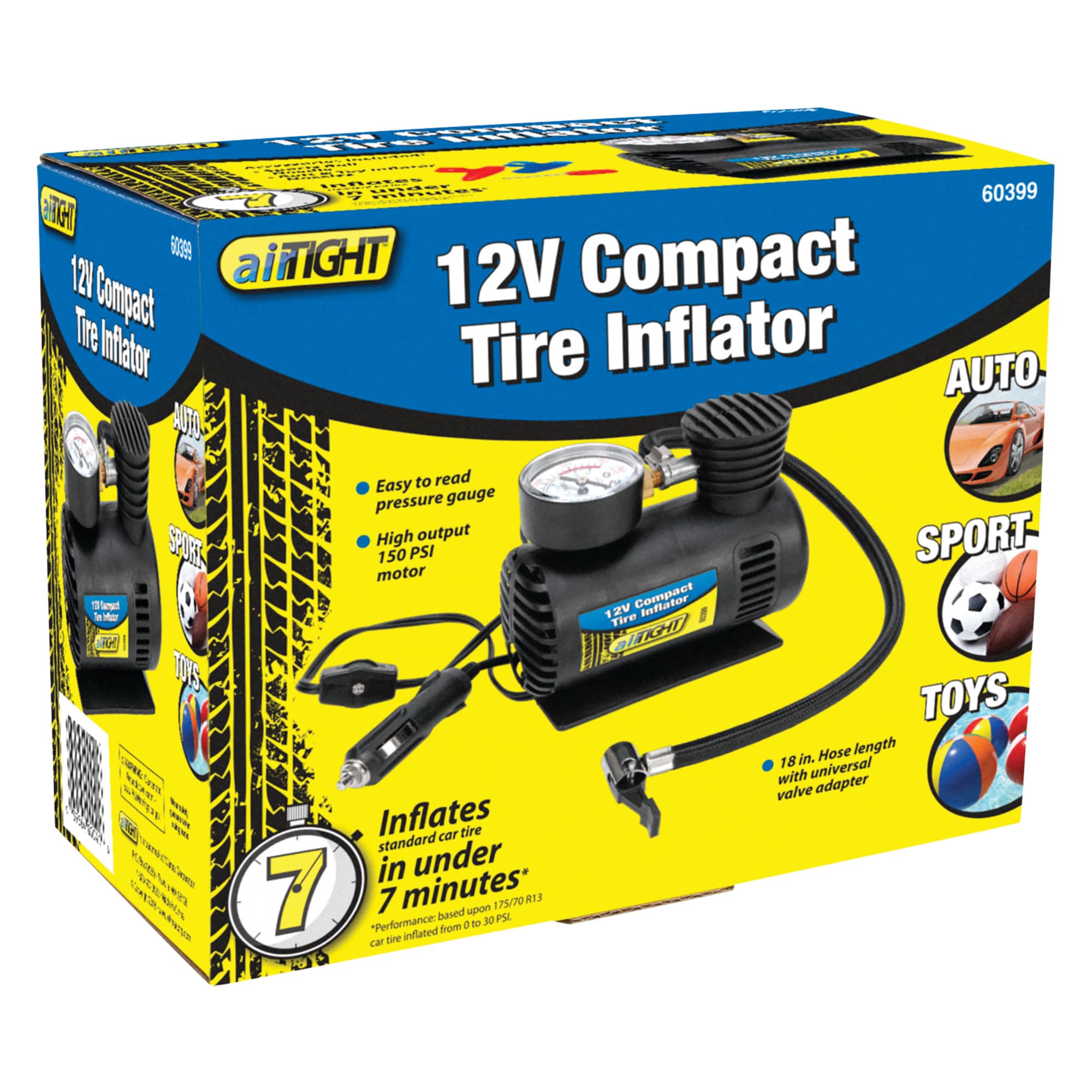 12V Compact Tire Inflator Performance Tool 60399 with LED Light and Auto Shut-Off, Portable Air Compressor for Cars, Trucks, SUVs and Bikes