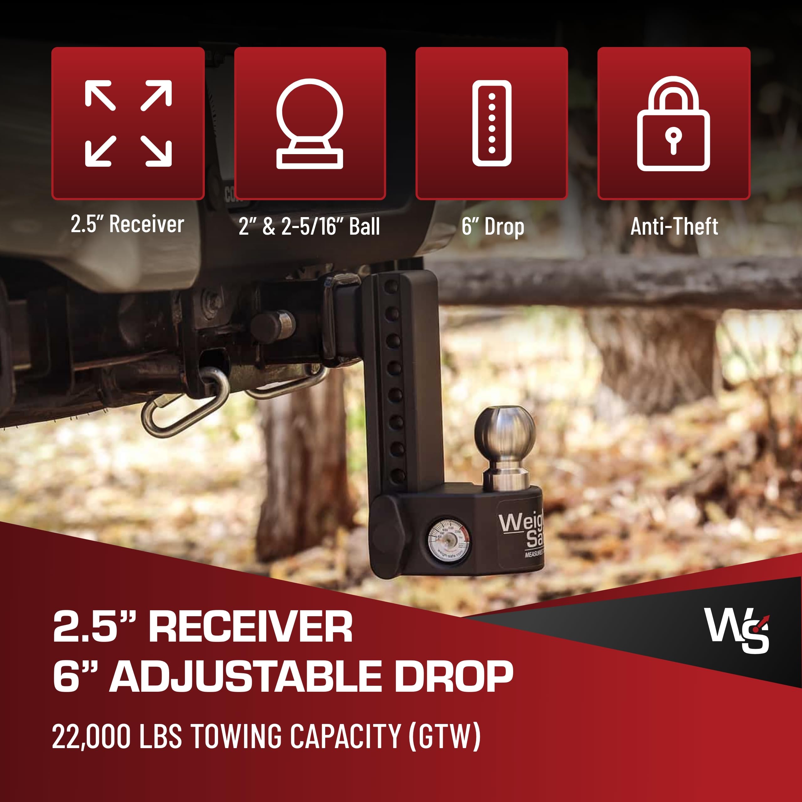 Weigh Safe Drop Steel Hitch - Adjustable Trailer Hitch with Ball Mount - Designed for 2.5" Receivers - Includes 2 Tow Balls - 6" Drop Hitch, 22,000 lbs GTW, 2-Piece Lock Set