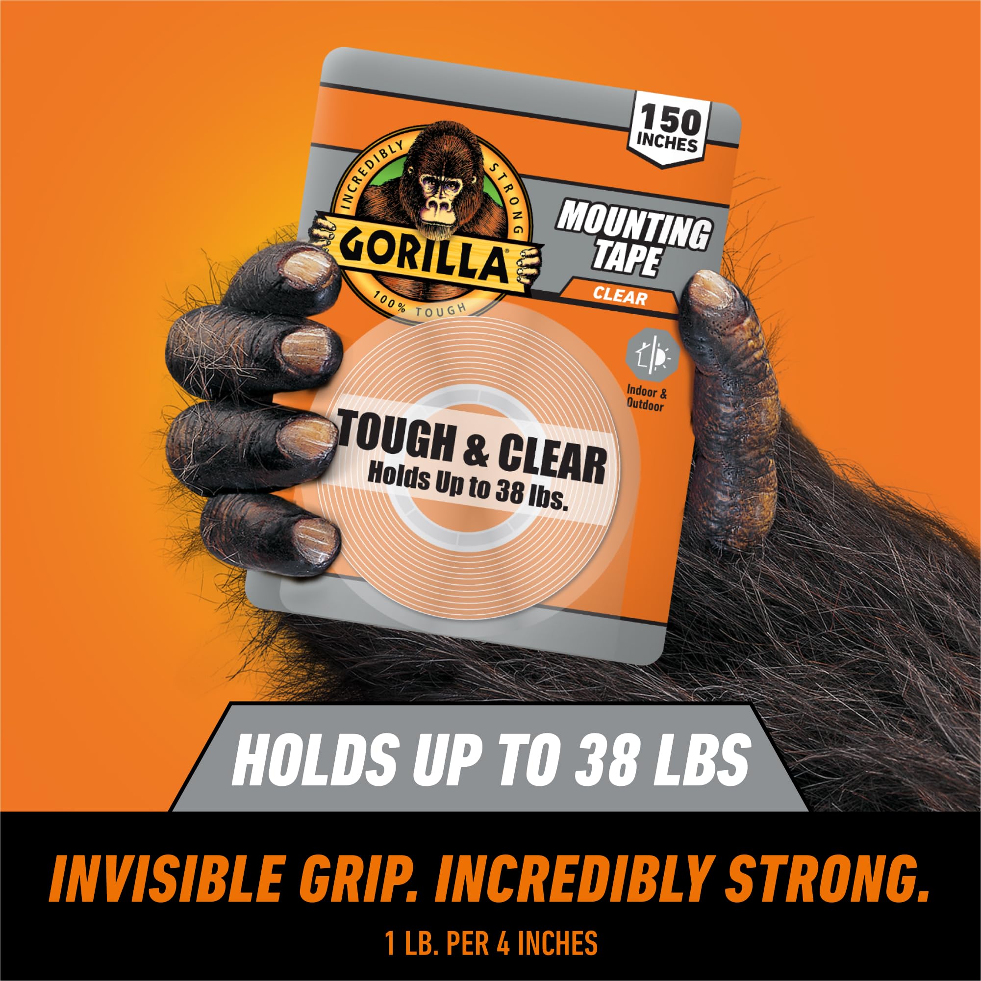 Gorilla Double Sided Tough & Clear Mounting Tape, Clear Tape, 1" x 150" (Pack of 1) - Weatherproof for Indoor or Outdoor