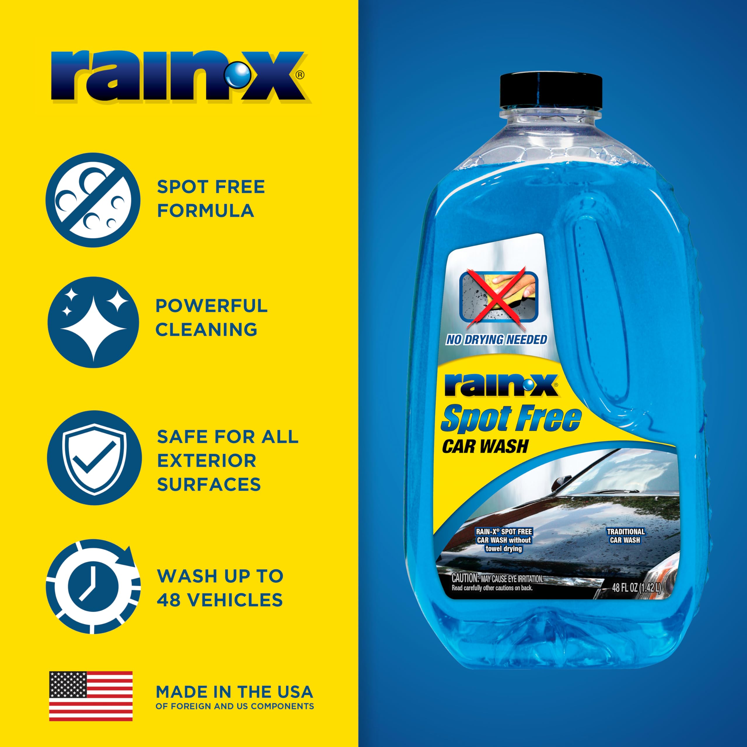 Car Wash Rain-X 620073 - Deep Cleaning, High Foam Soap Provides Spot Free Shine with No Towel Or Hand Drying Needed - Car soap for car cleaning and detailing 48 fl oz