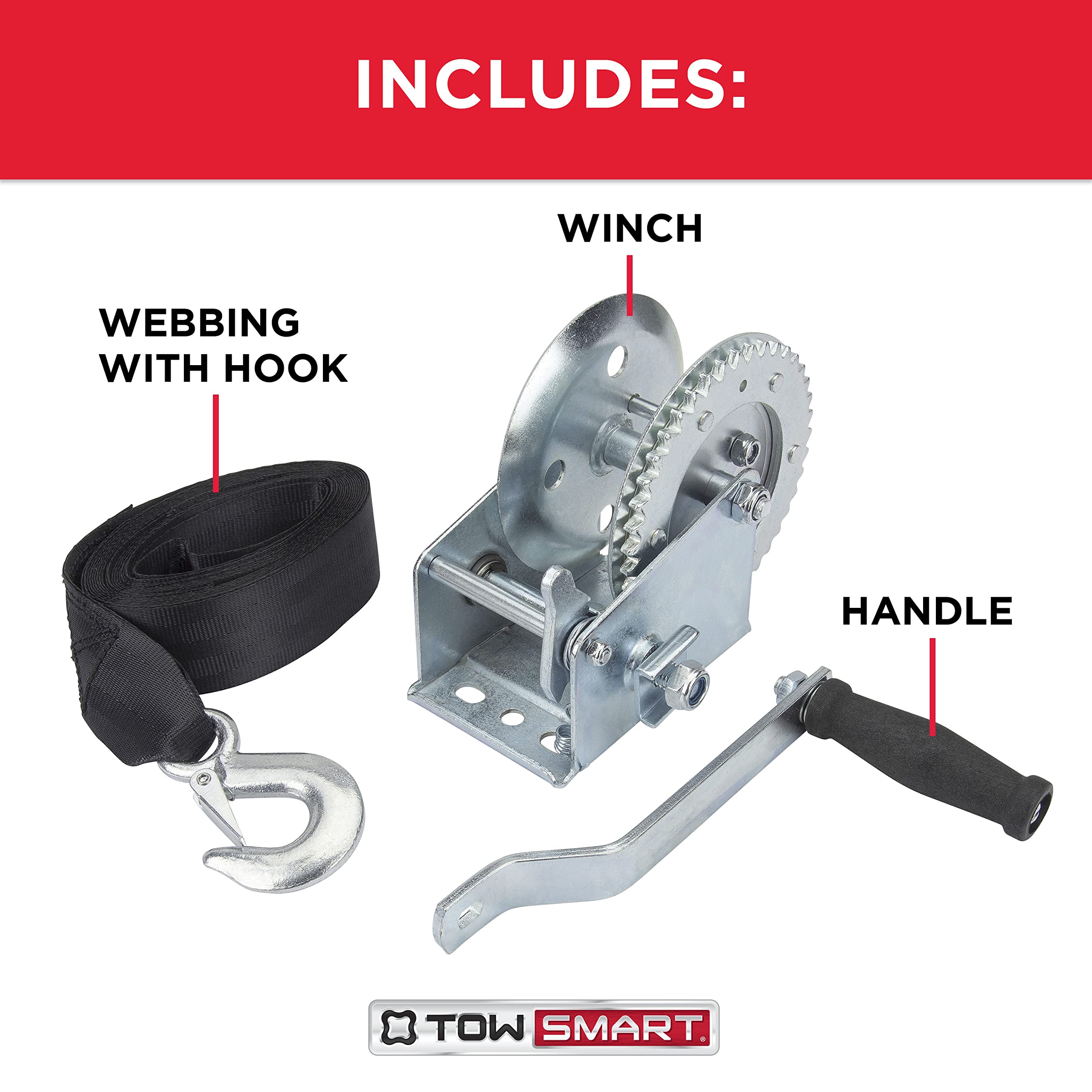Manual TOWSMART Trailer Winch, 1,500 lb. Capacity, 2 in. x 20 ft. Strap
