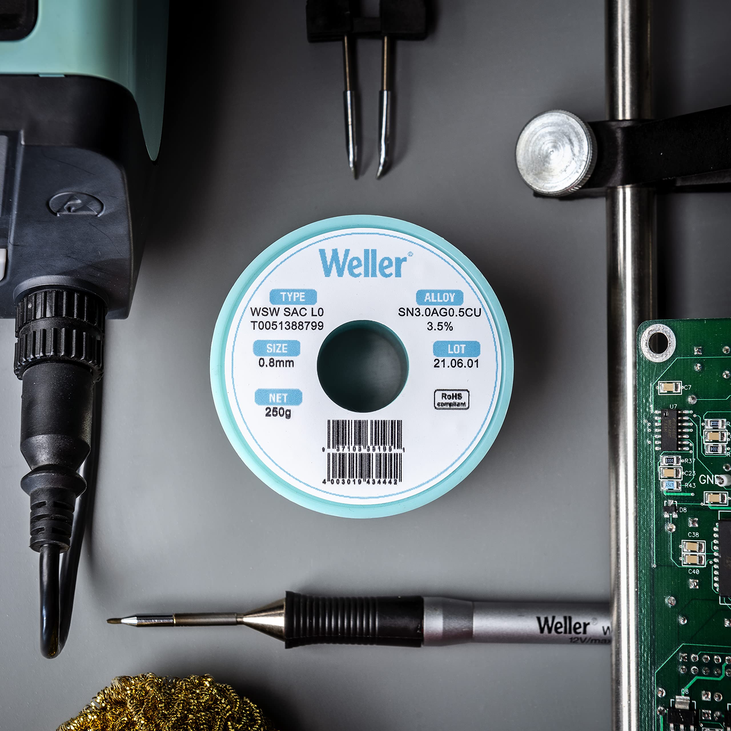 Weller SnPb WSW (T0051403199) Solder Wire, Dia: 0.8 mm / 0.039 in, Wt: 100 g / 3.527 oz, Alloy Sn60Pb40, Flux content 2.2%