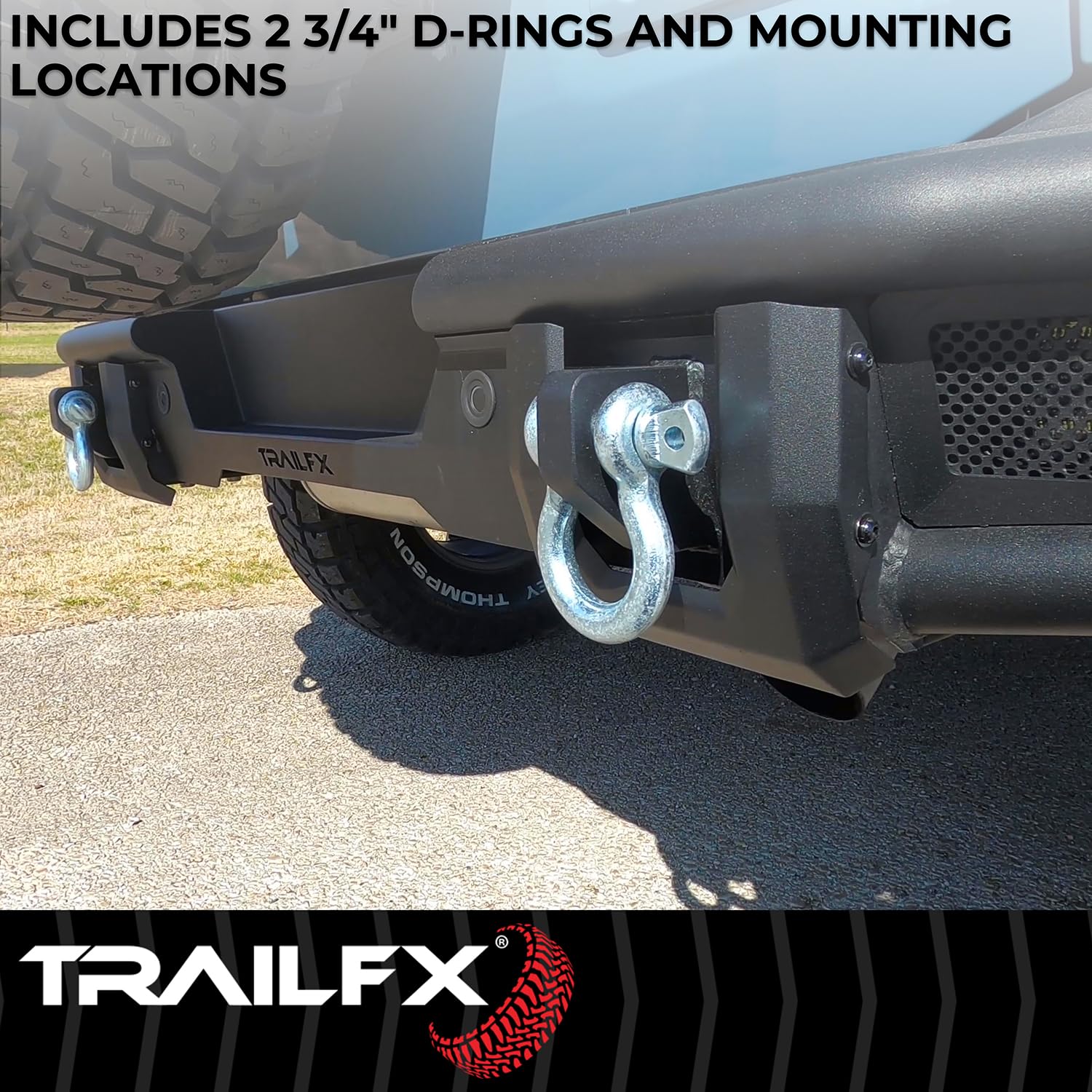 Rear Bumper TrailFX for Ford Bronco 2021-2025 Matte Black Powder Coated Steel Full Width D-Rings License Plate Bracket LED Cube Light Mounts TrailFX BR004T