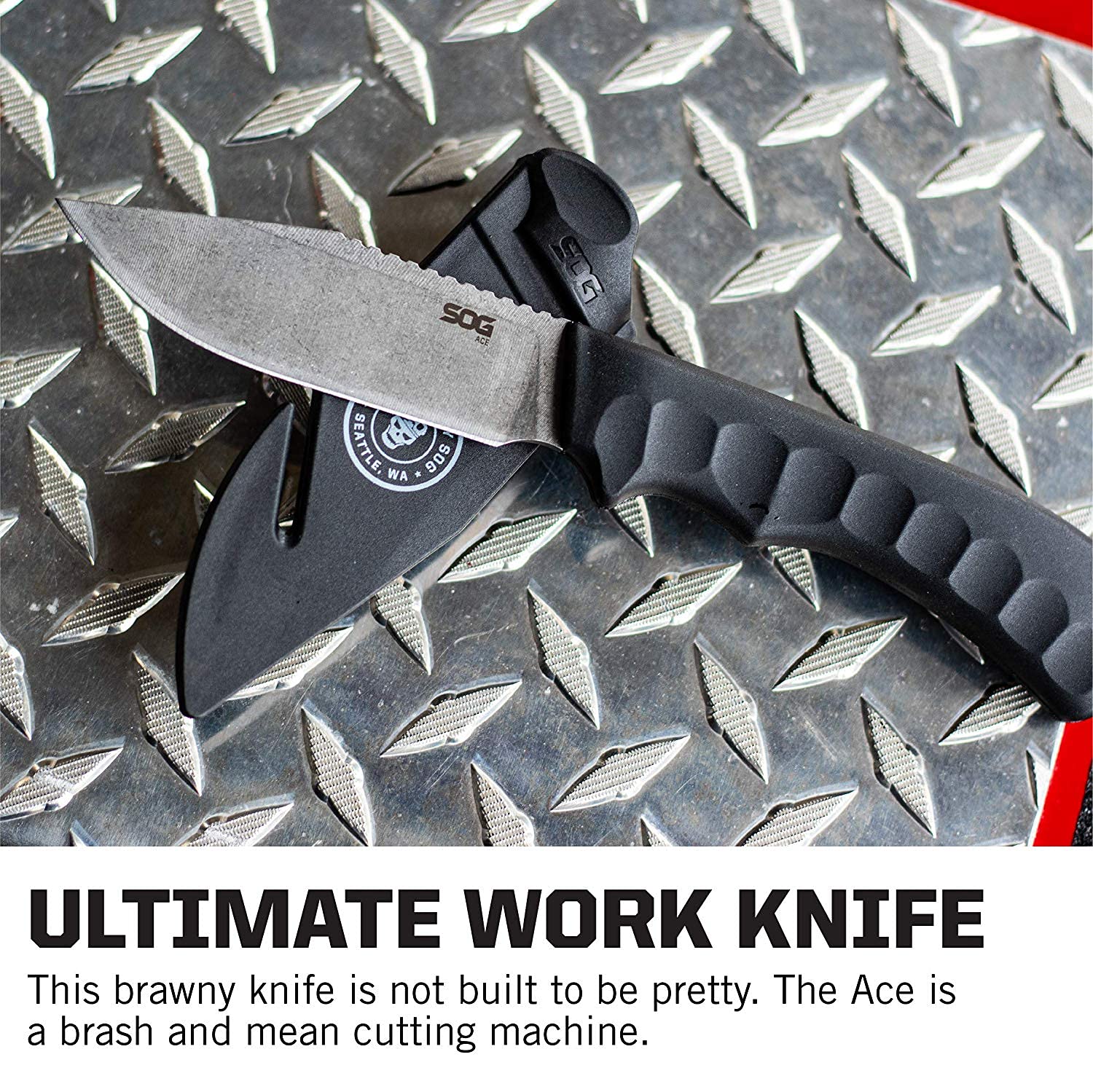SOG Fixed Blade Ace Knife- Full Tang 3.8 Inch Clip Point Blade Survival Knife w/ Cord Cutting Sheath and Easy-Grip Handle (ACE1001-CP), Black