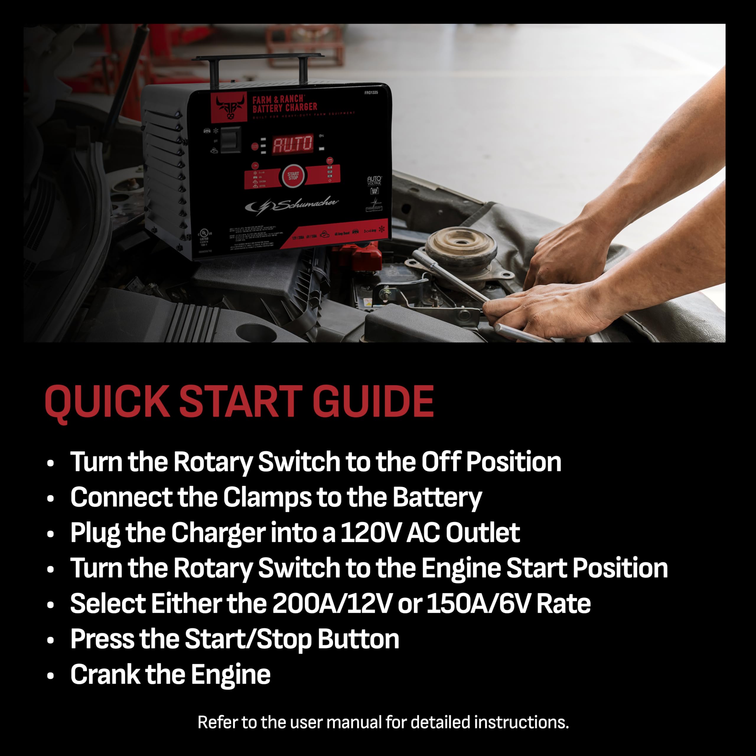 Farm & Ranch Schumacher Electric 6A Car Battery Charger and 200A Engine Starter, 4-in-1 Solution, Maintainer, 40A Boost, for 6V/12V Power Sport, Automotive, and Marine Batteries, FR01335