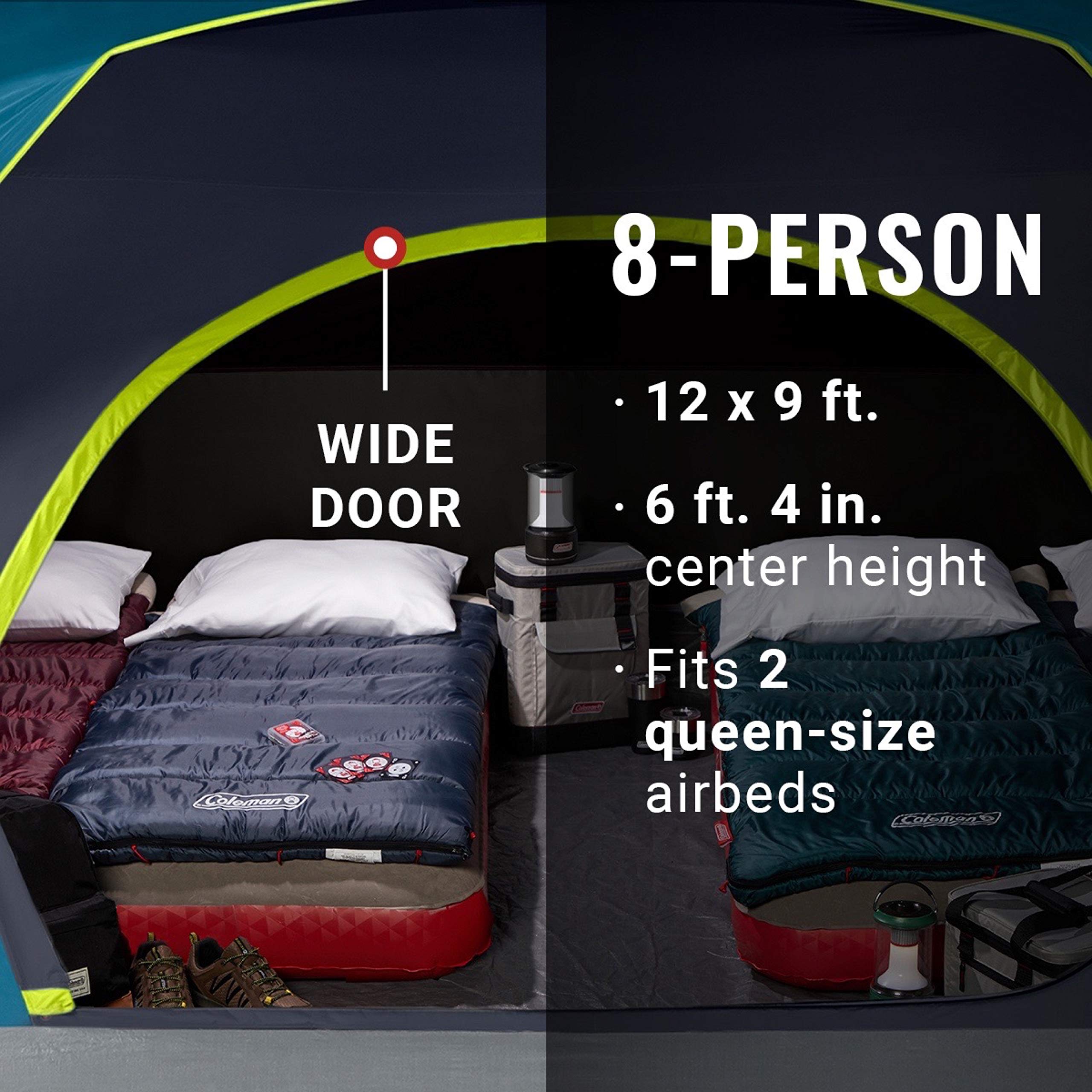 Coleman Skydome 8-Person Dark Room Tent with Rainfly, 5 Minute Setup, Blocks 90% of Sunlight, 20% More Headroom Than Traditional Tents