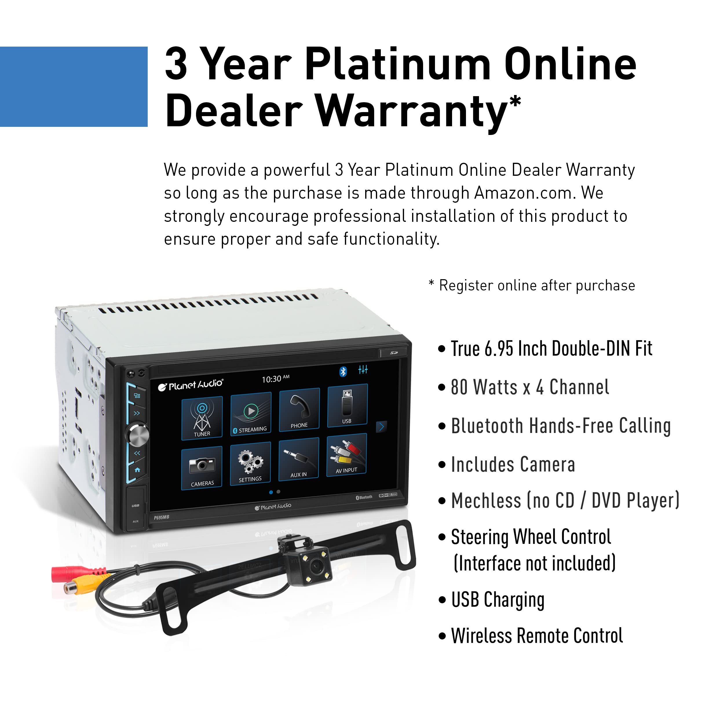 P695MBRC Planet Audio Car Stereo System - A-Link (Screen Mirroring), 6.95 Inch Double Din, Touchscreen, Bluetooth Head Unit, Radio Receiver, No CD Player, Backup Camera, Hook Up to Amplifier