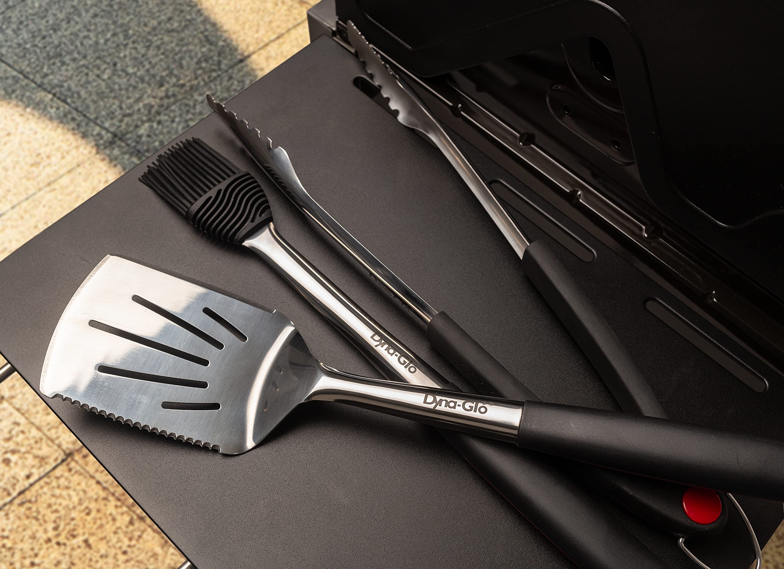 3PC Dyna Glo Stainless Steel and Silicone Soft Touch Handles - Spatula, Basting Brush, Tongs