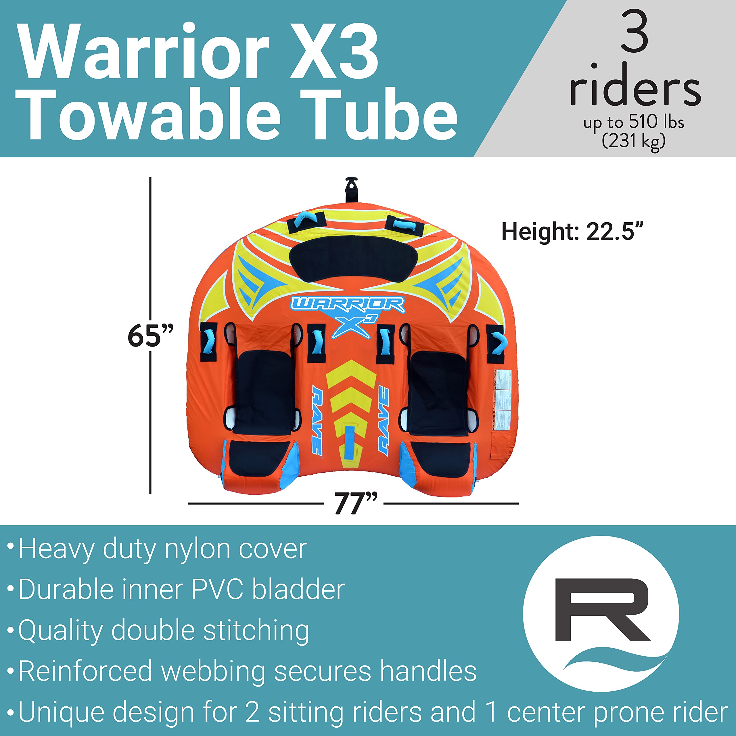 RAVE Sports Inflatable Warrior X3 Towable Tube, 1-3 Riders, Two Hammock-Style Seats with Backrests, Middle Rider Lying Down, Durable Nylon Cover, Neoprene Padding, Boat Towables-Tubes