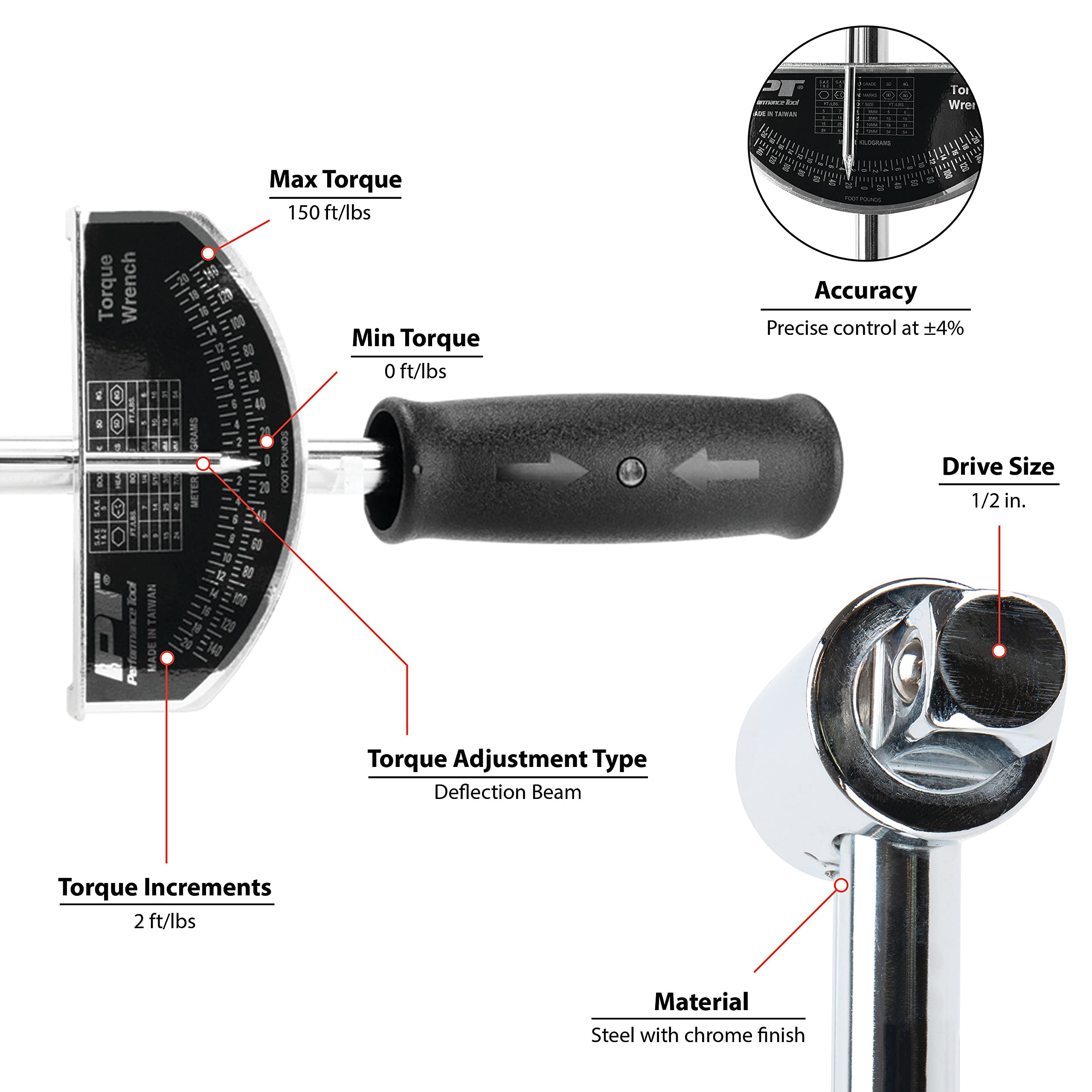 W3001C Performance Tool 1/2-Inch Beam Style Torque Wrench (0-150 ft/lb) With Clockwise or Counterclockwise Capabilities