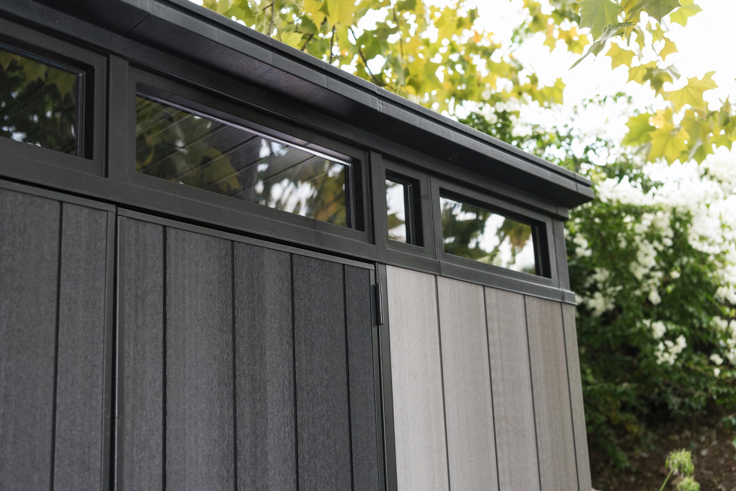 Keter 11x7 Artisan Modern Resin Outdoor Storage Shed Kit-Perfect to Store Patio Furniture, Garden Tools Bike Accessories, Beach Chairs and Lawn Mower, Grey & Black